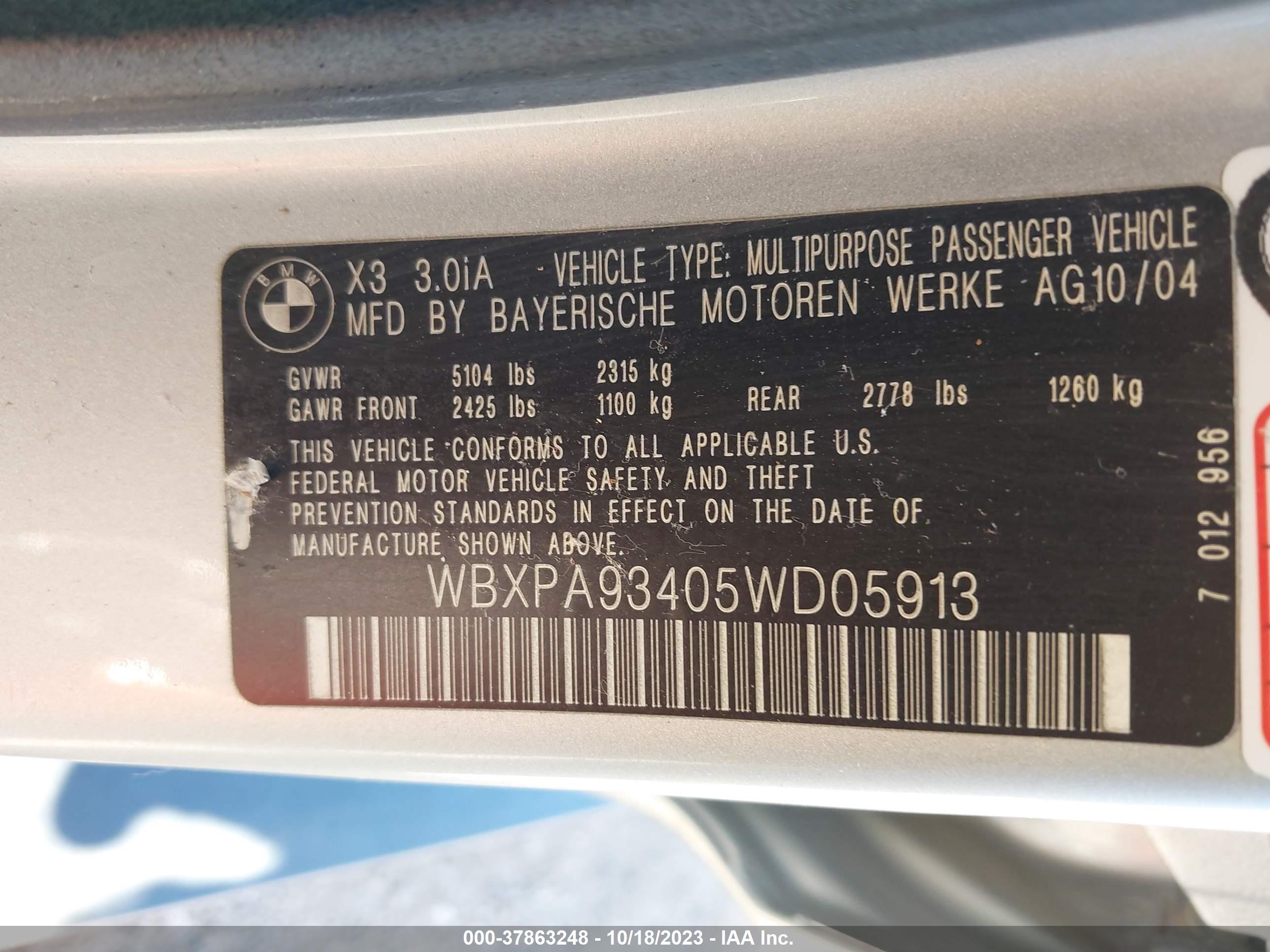 Photo 8 VIN: WBXPA93405WD05913 - BMW X3 