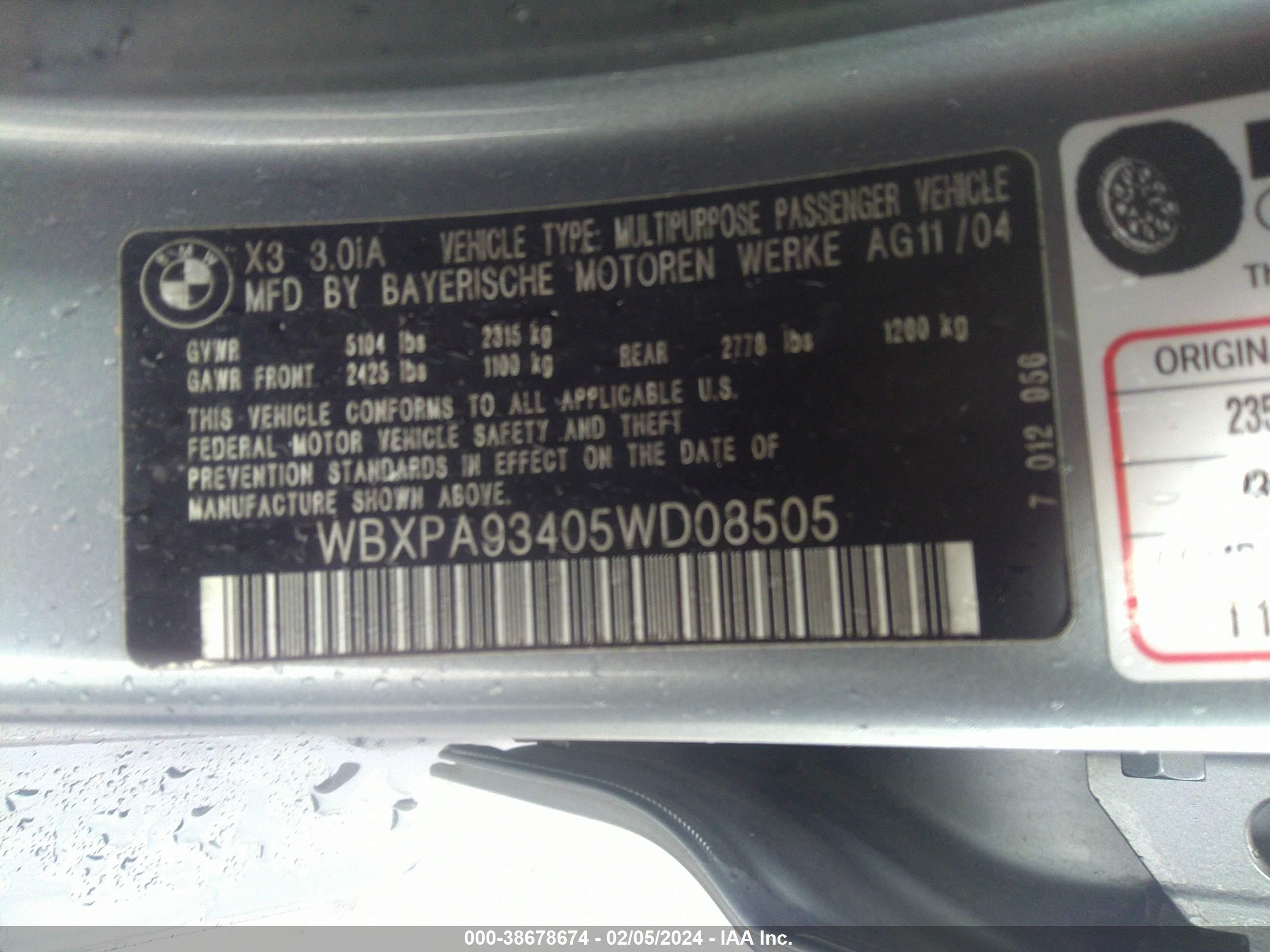 Photo 8 VIN: WBXPA93405WD08505 - BMW X3 