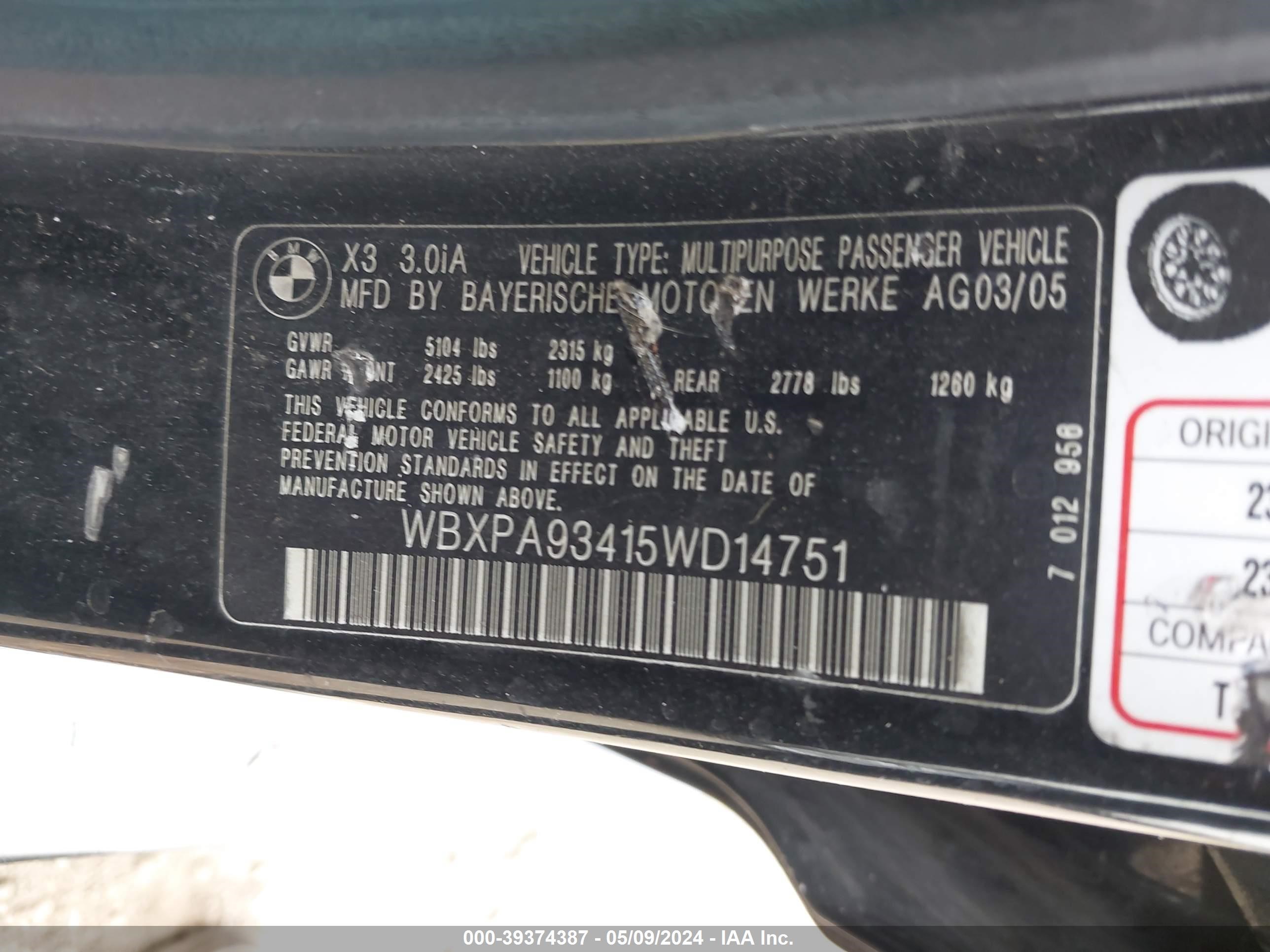 Photo 8 VIN: WBXPA93415WD14751 - BMW X3 