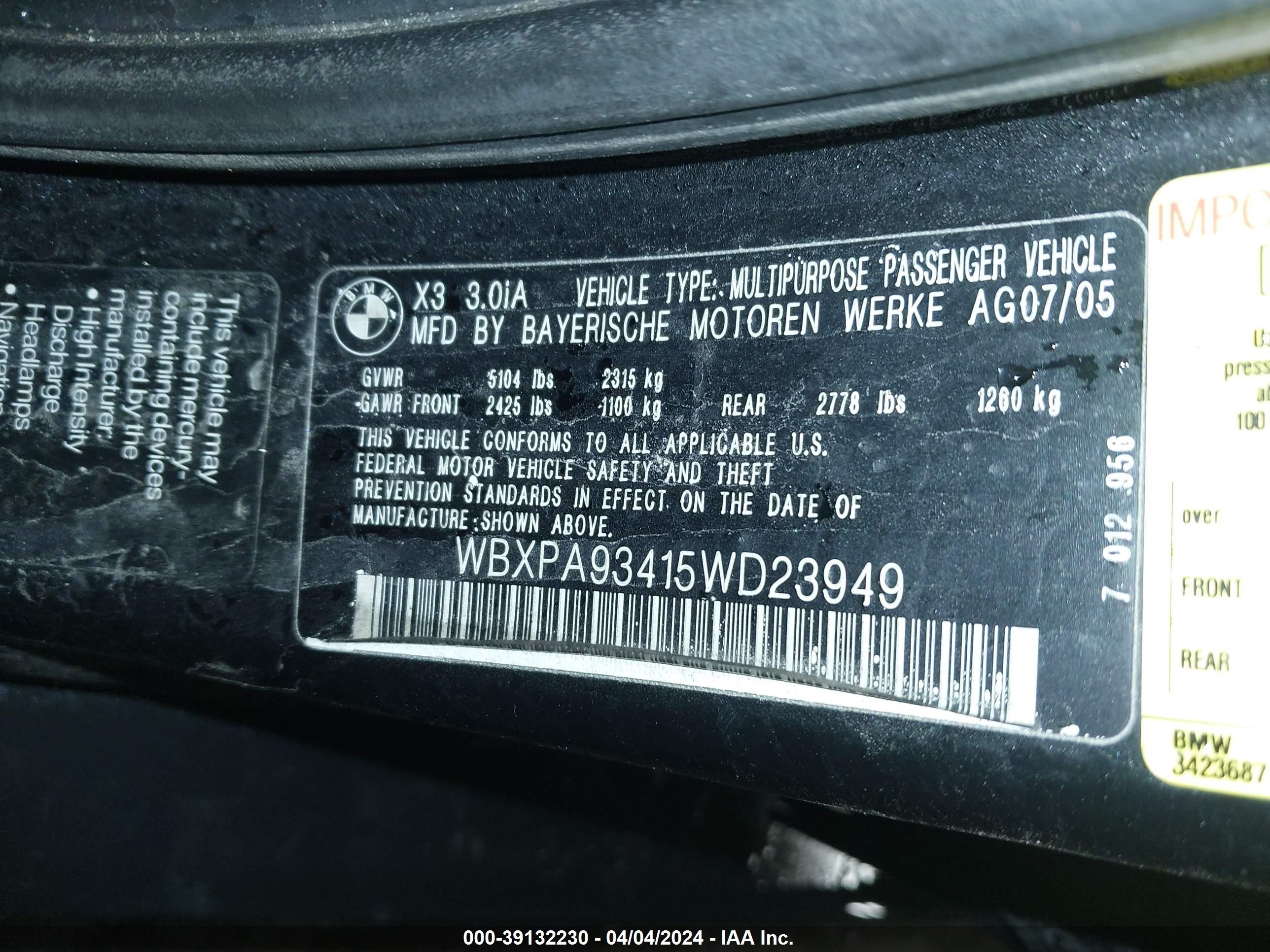 Photo 8 VIN: WBXPA93415WD23949 - BMW X3 