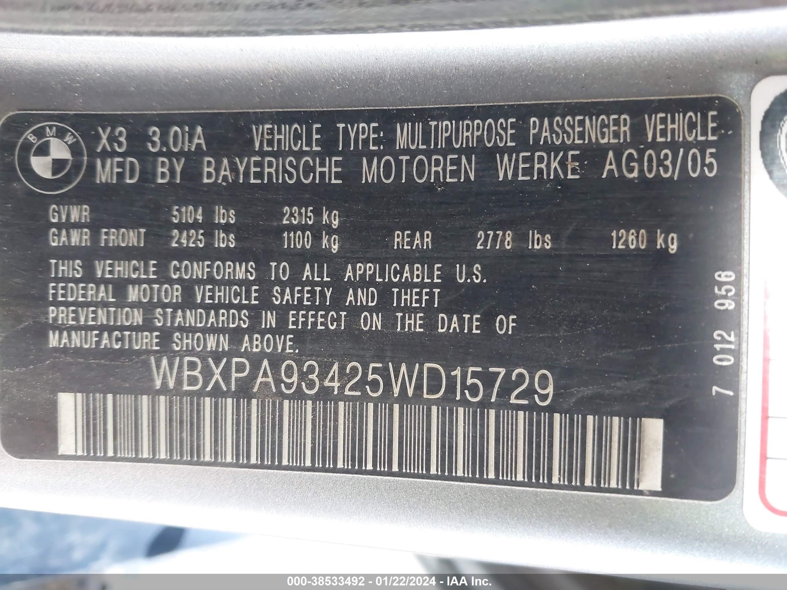 Photo 8 VIN: WBXPA93425WD15729 - BMW X3 