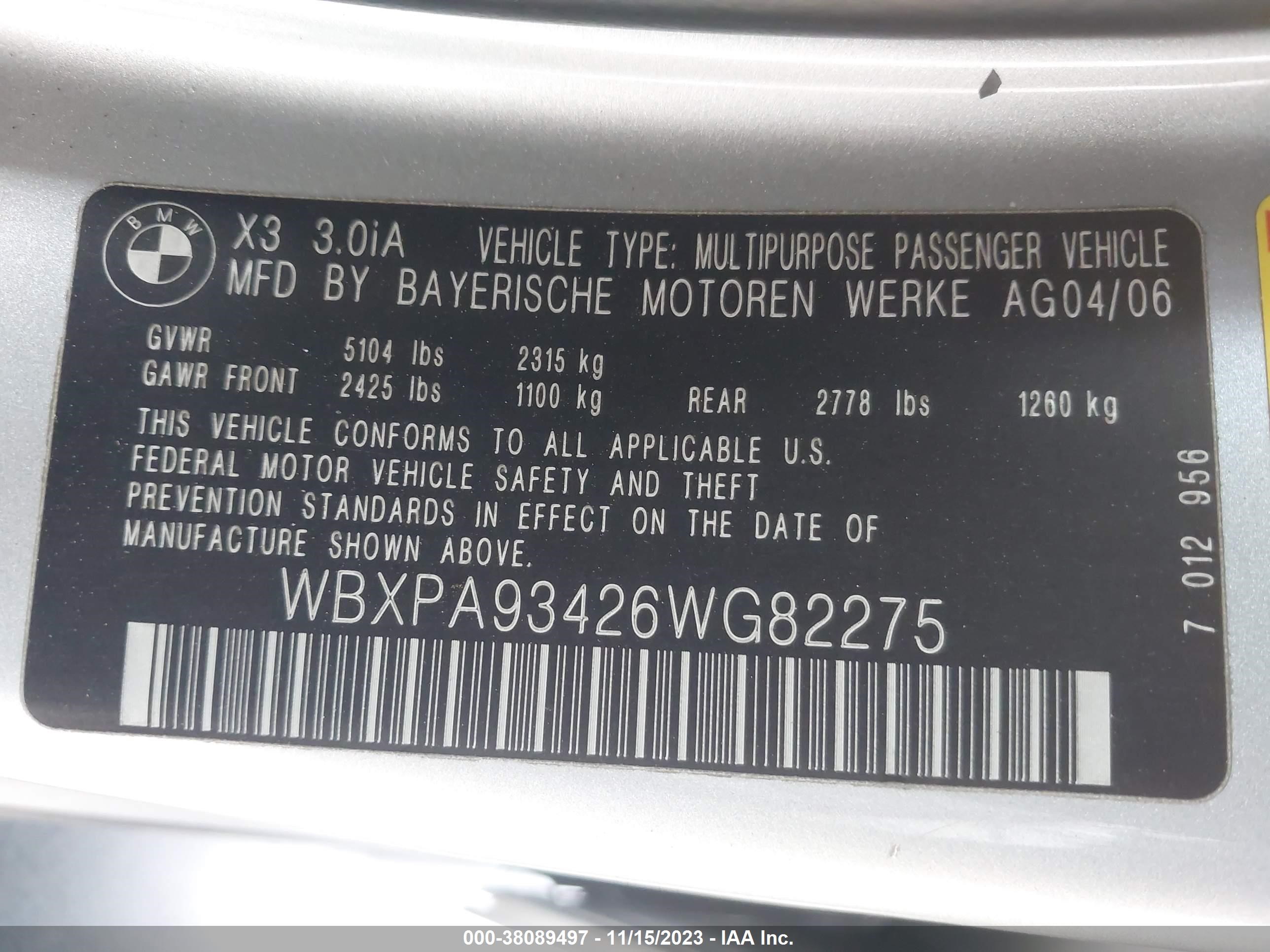 Photo 8 VIN: WBXPA93426WG82275 - BMW X3 