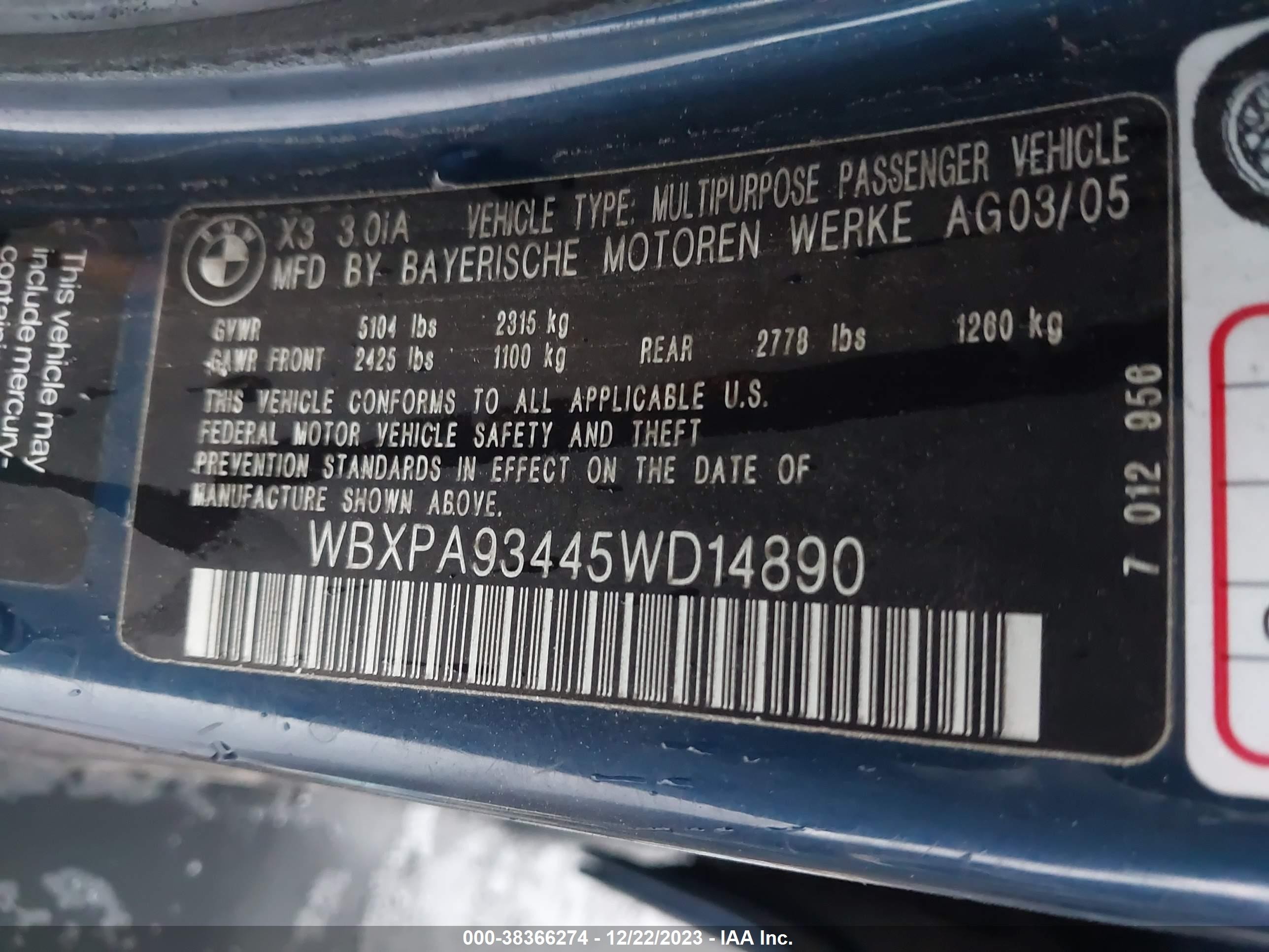 Photo 8 VIN: WBXPA93445WD14890 - BMW X3 