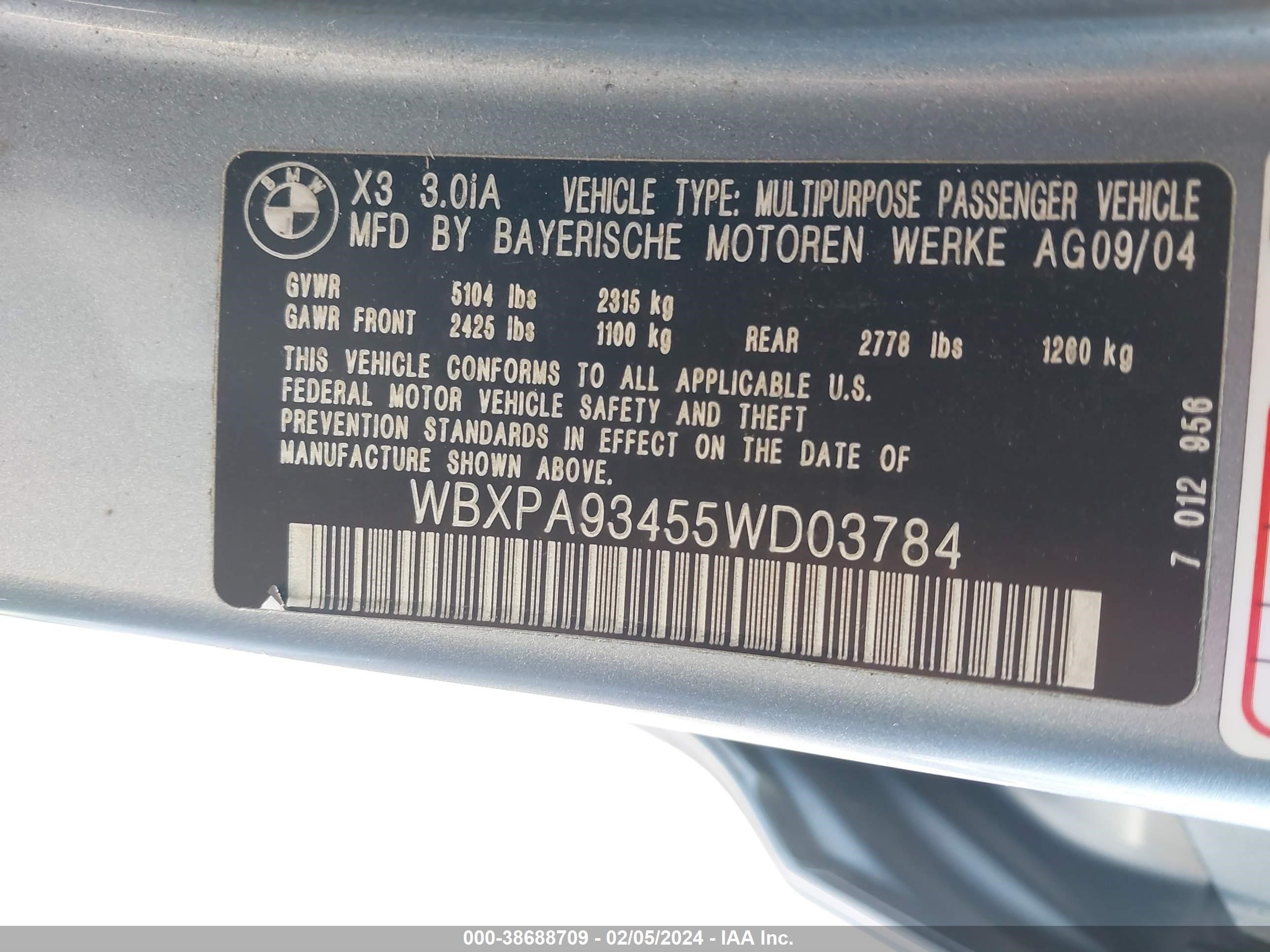 Photo 8 VIN: WBXPA93455WD03784 - BMW X3 