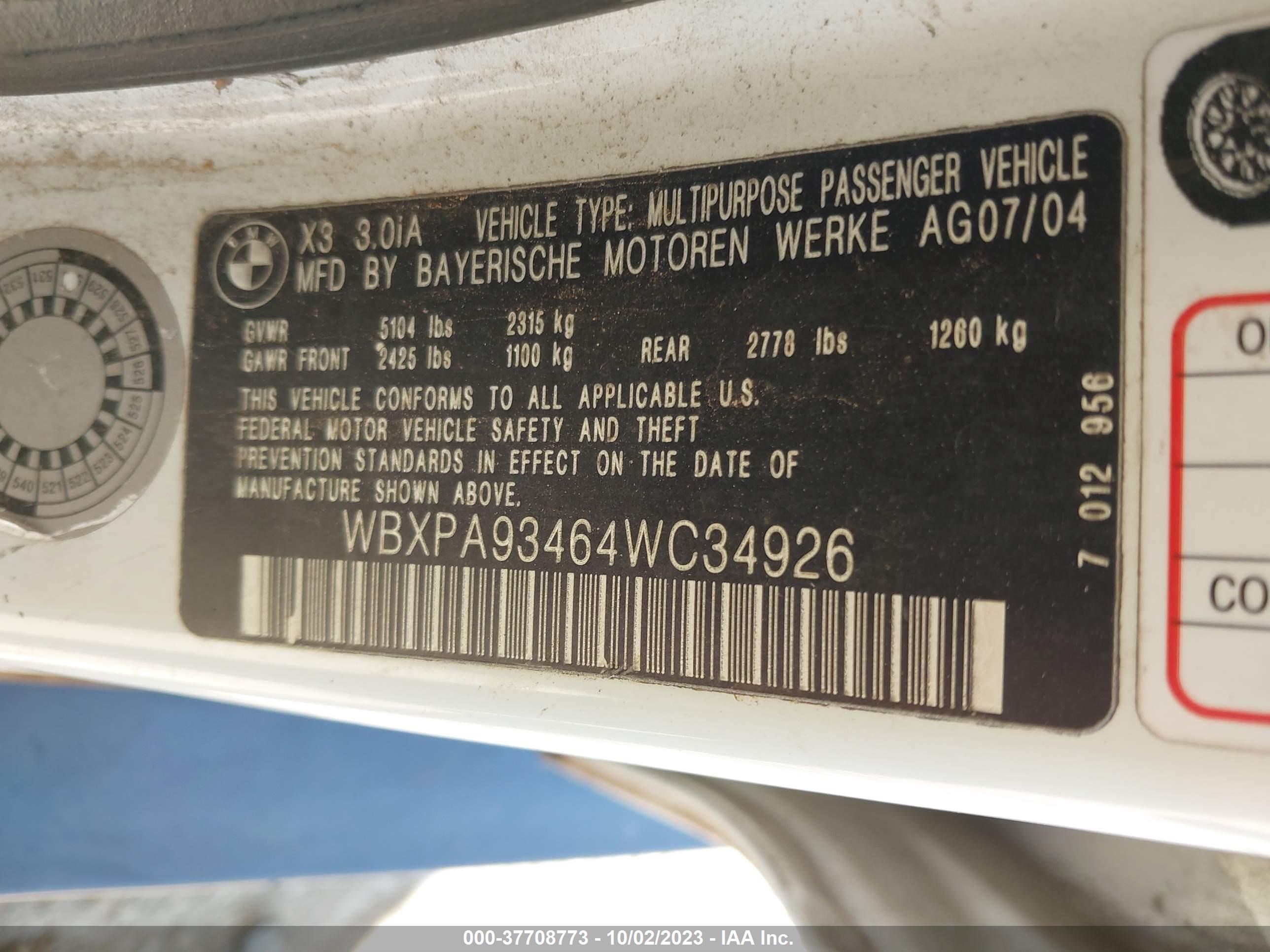 Photo 8 VIN: WBXPA93464WC34926 - BMW X3 