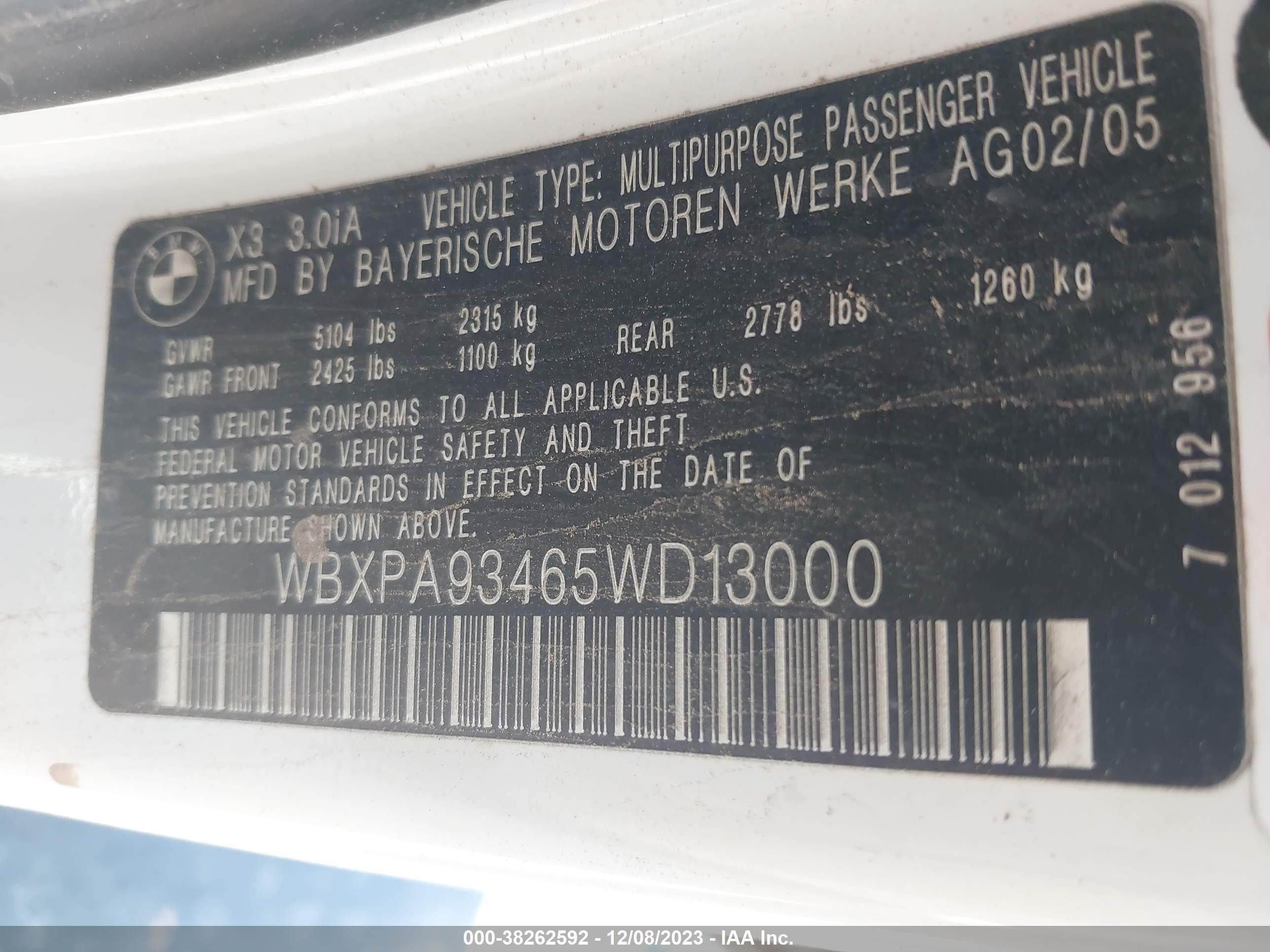 Photo 8 VIN: WBXPA93465WD13000 - BMW X3 