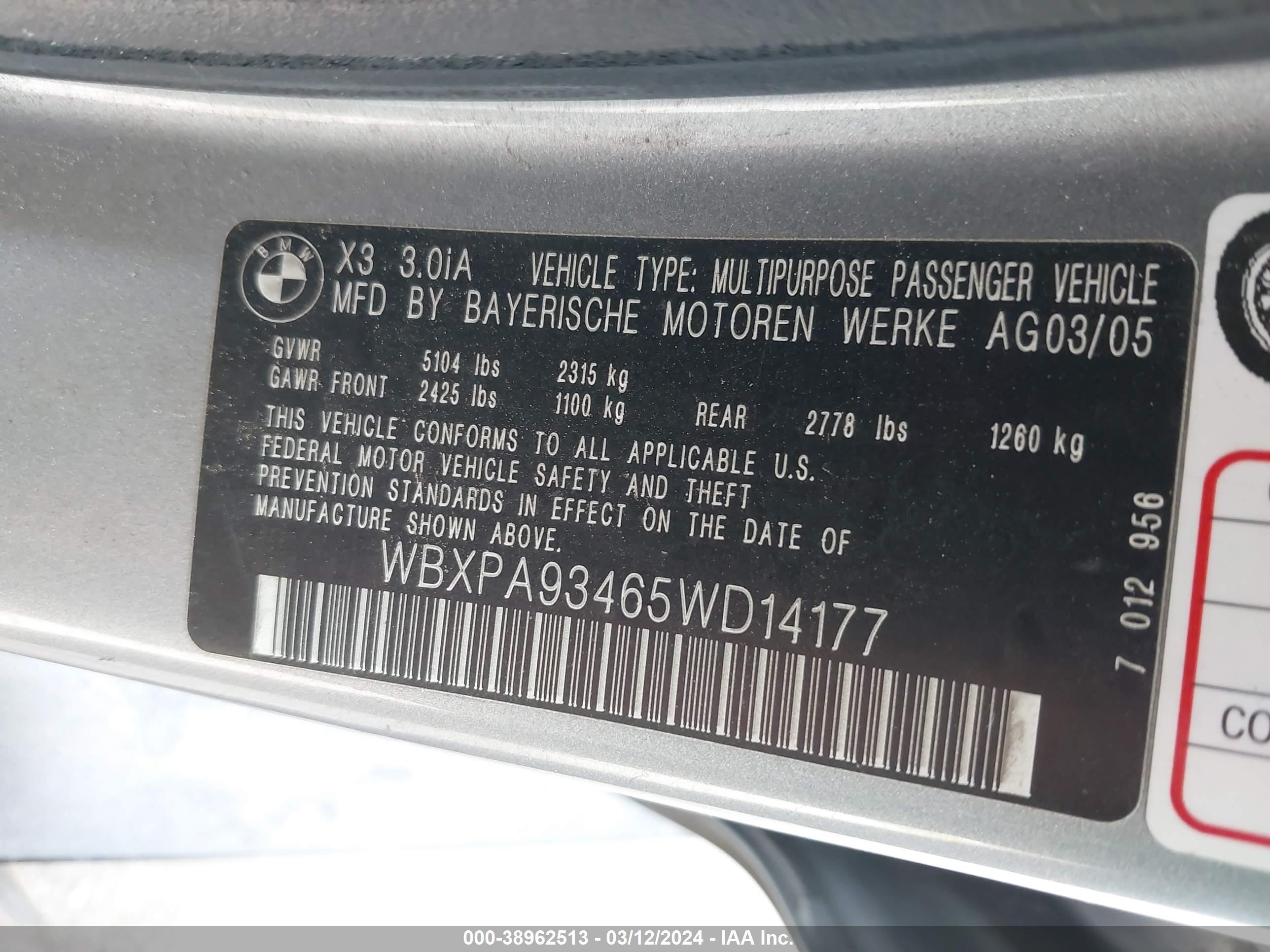 Photo 8 VIN: WBXPA93465WD14177 - BMW X3 