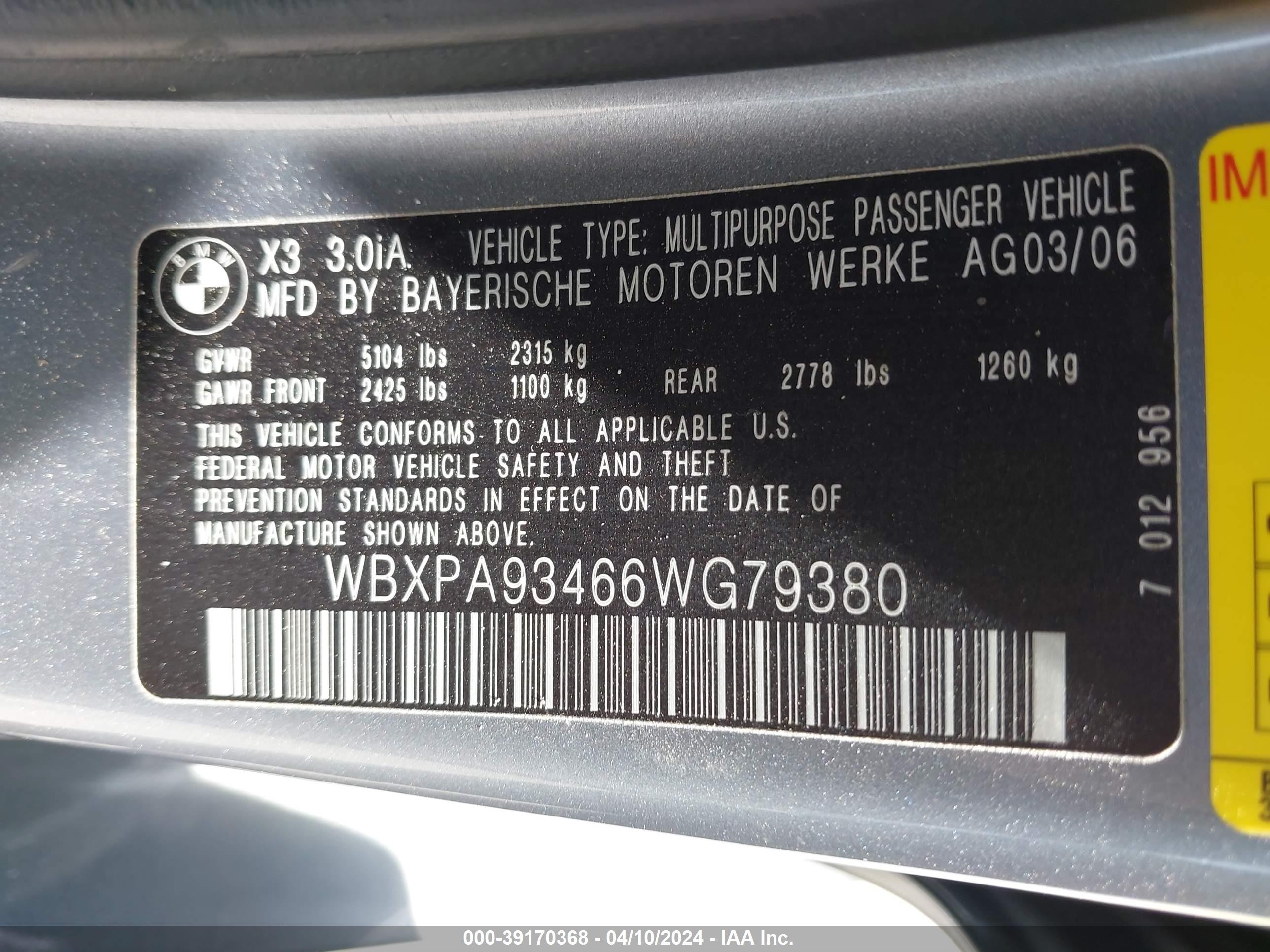 Photo 8 VIN: WBXPA93466WG79380 - BMW X3 