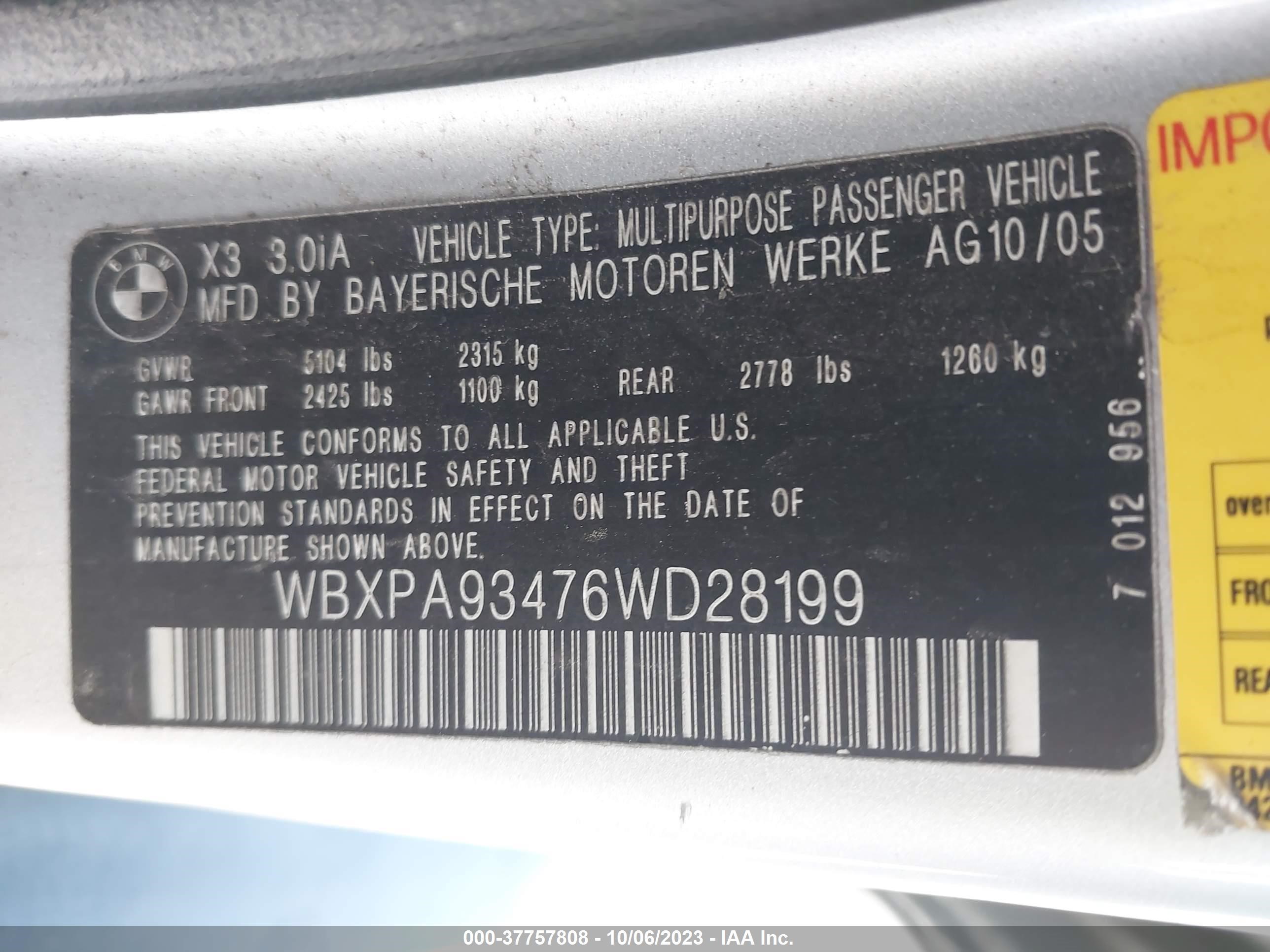 Photo 8 VIN: WBXPA93476WD28199 - BMW X3 