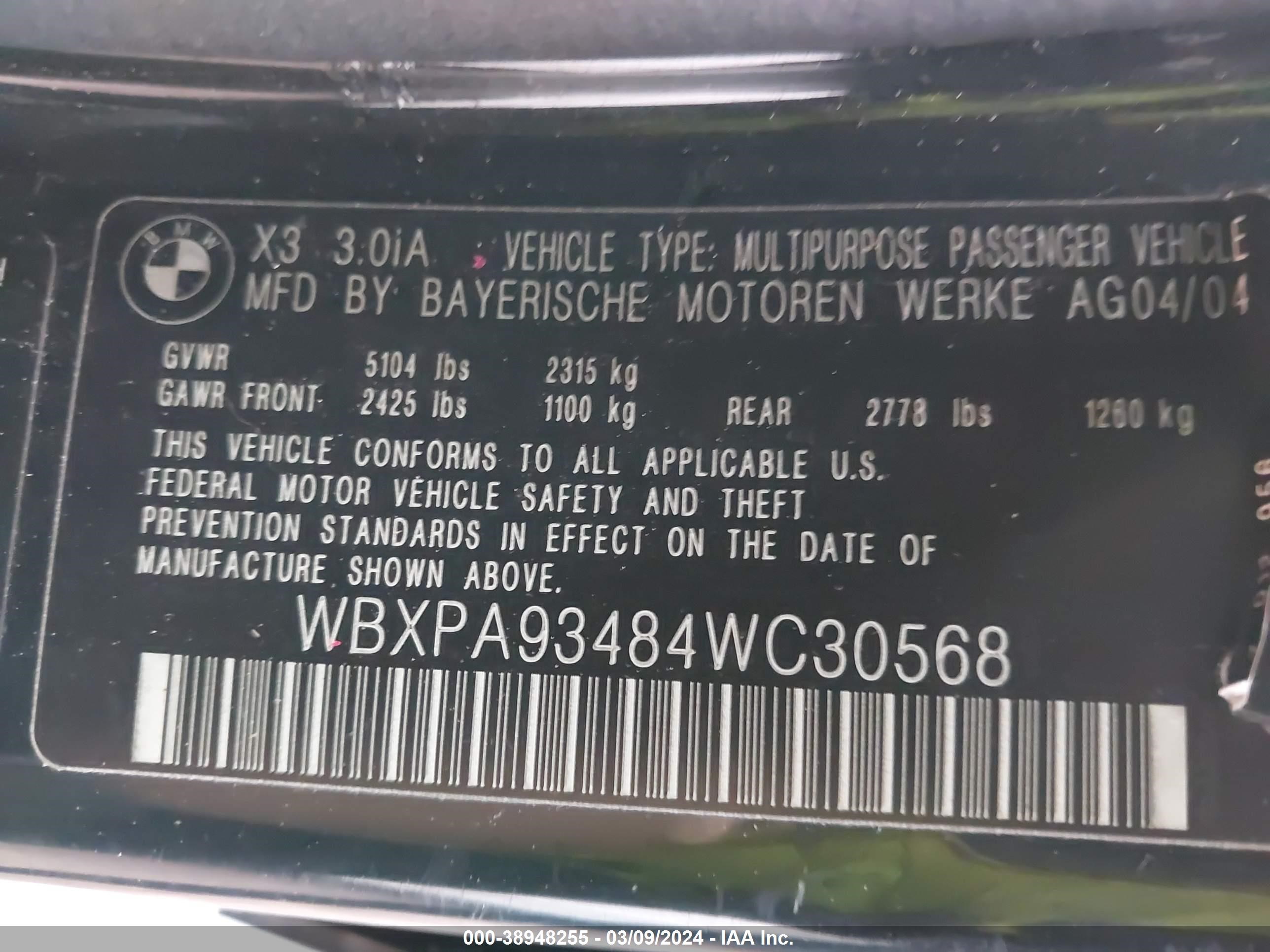 Photo 8 VIN: WBXPA93484WC30568 - BMW X3 