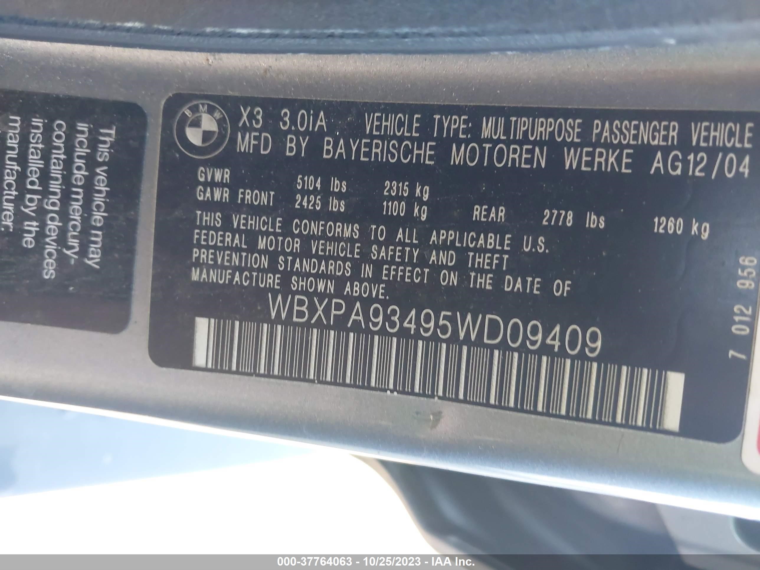 Photo 8 VIN: WBXPA93495WD09409 - BMW X3 