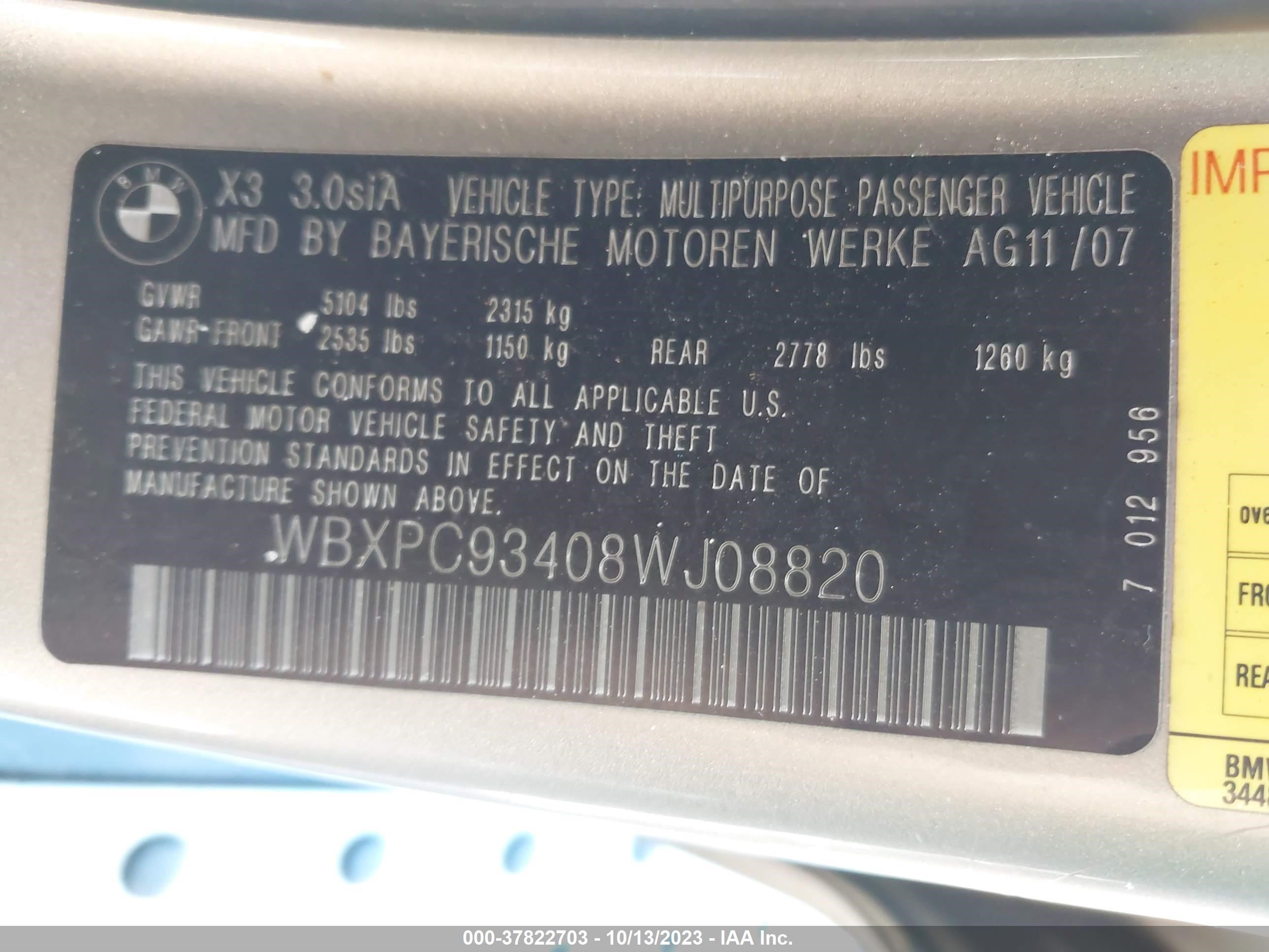 Photo 8 VIN: WBXPC93408WJ08820 - BMW X3 