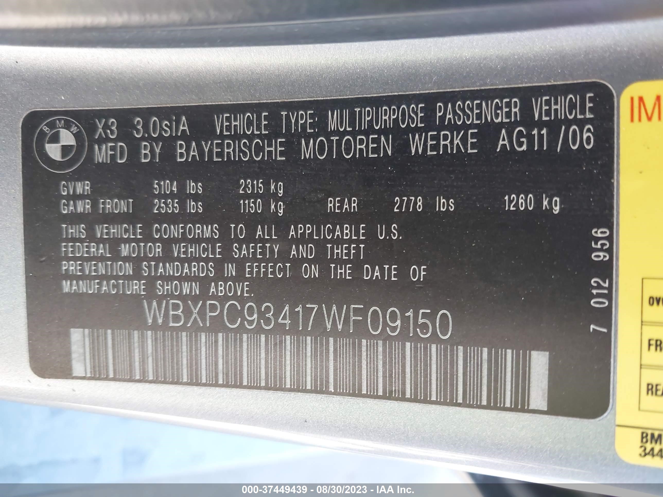 Photo 8 VIN: WBXPC93417WF09150 - BMW X3 