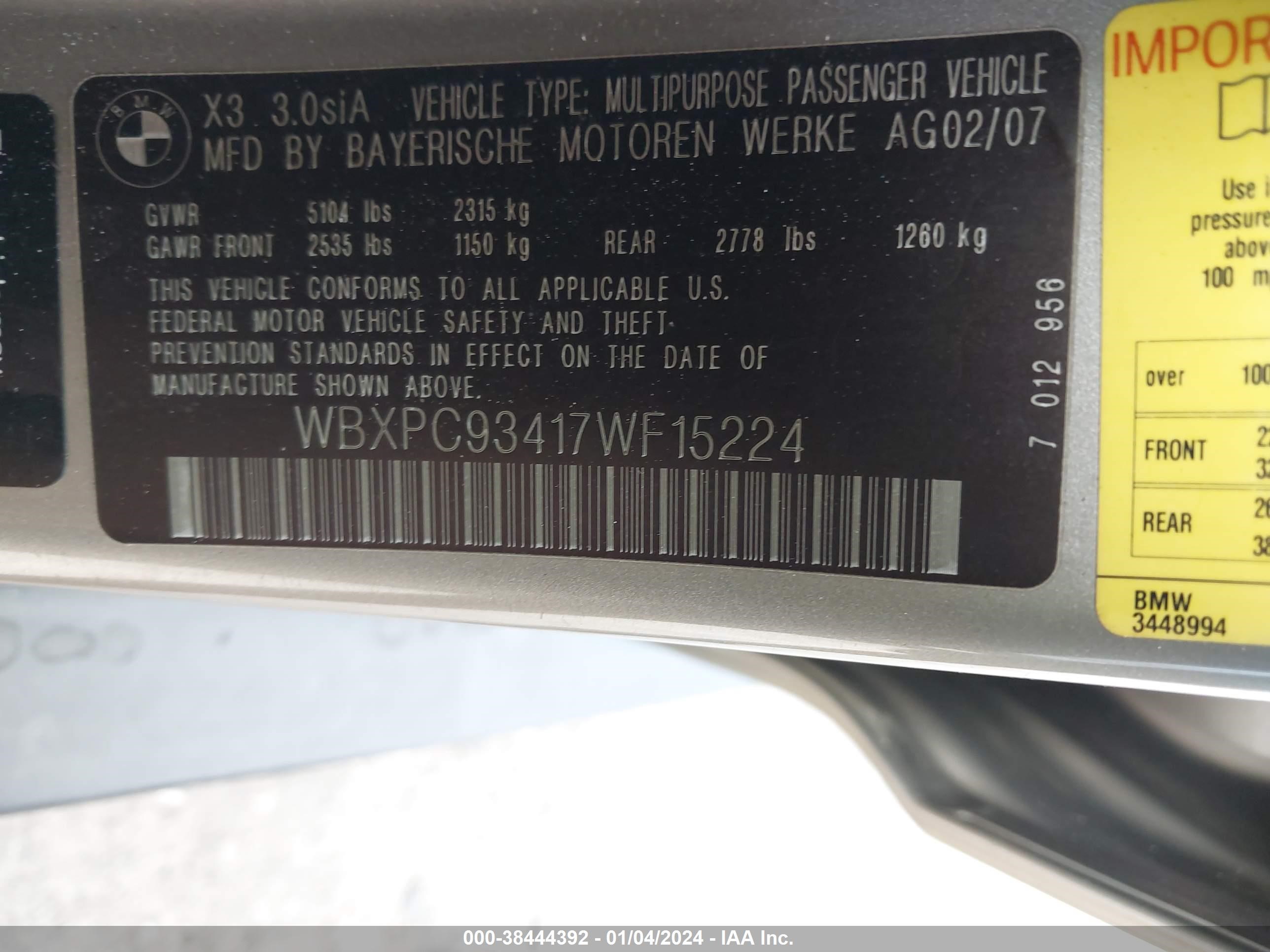 Photo 8 VIN: WBXPC93417WF15224 - BMW X3 