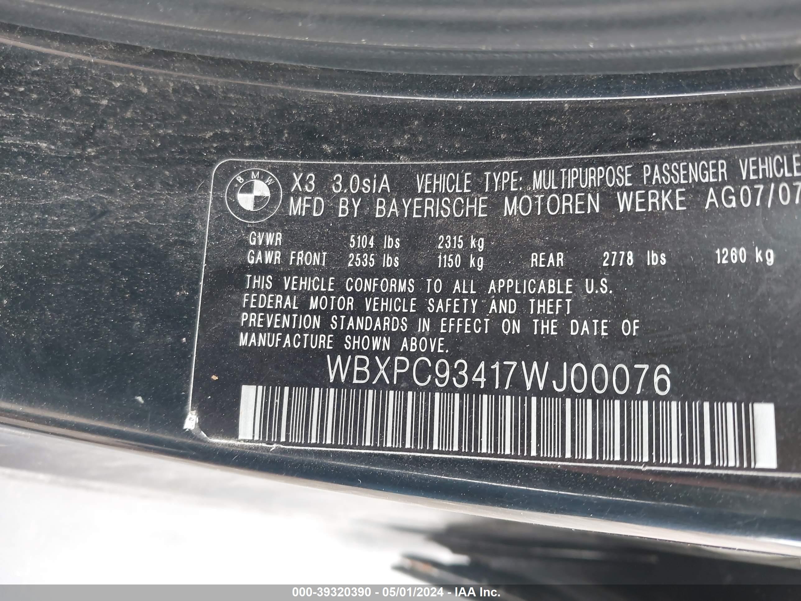 Photo 8 VIN: WBXPC93417WJ00076 - BMW X3 