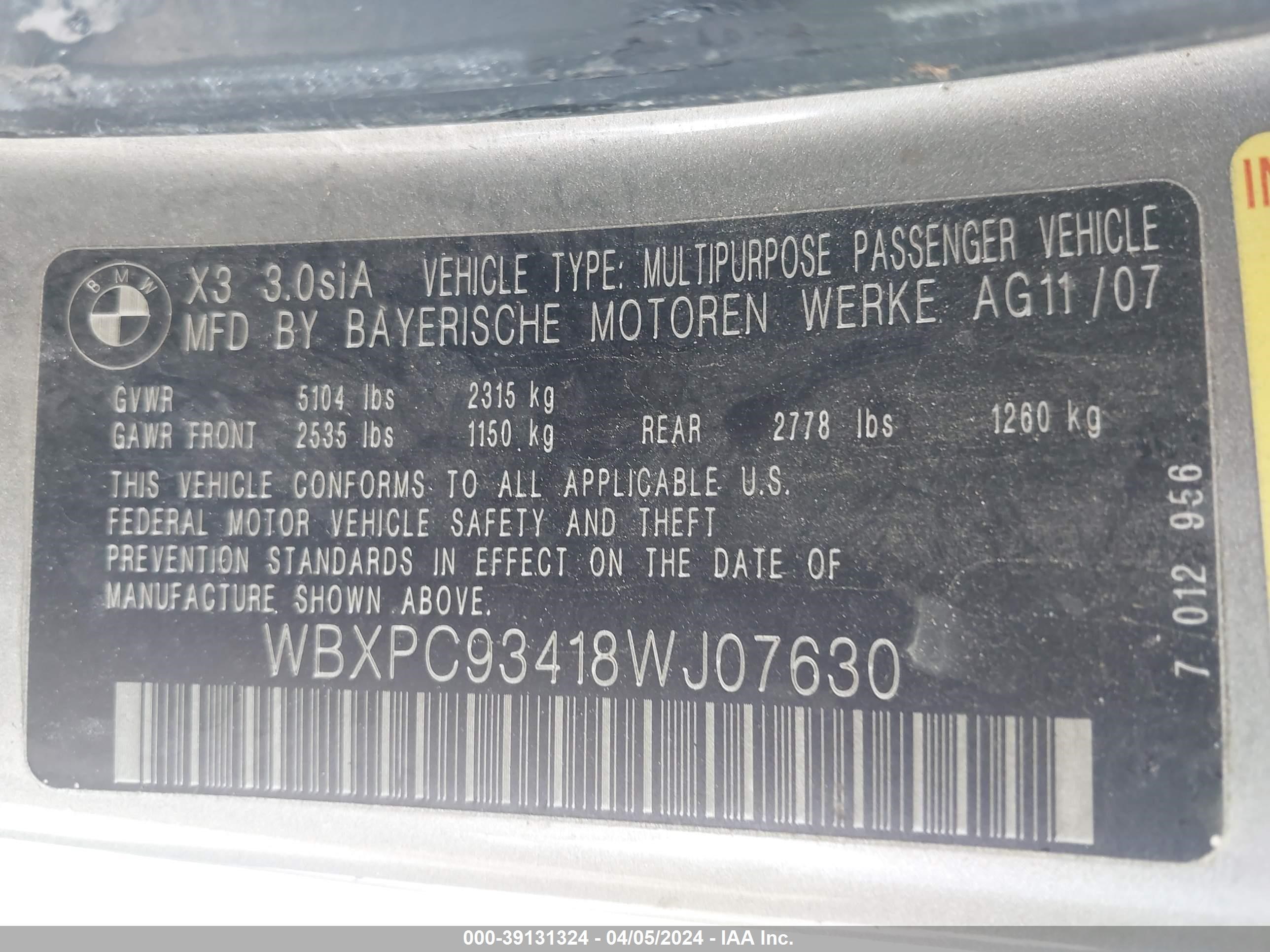 Photo 8 VIN: WBXPC93418WJ07630 - BMW X3 