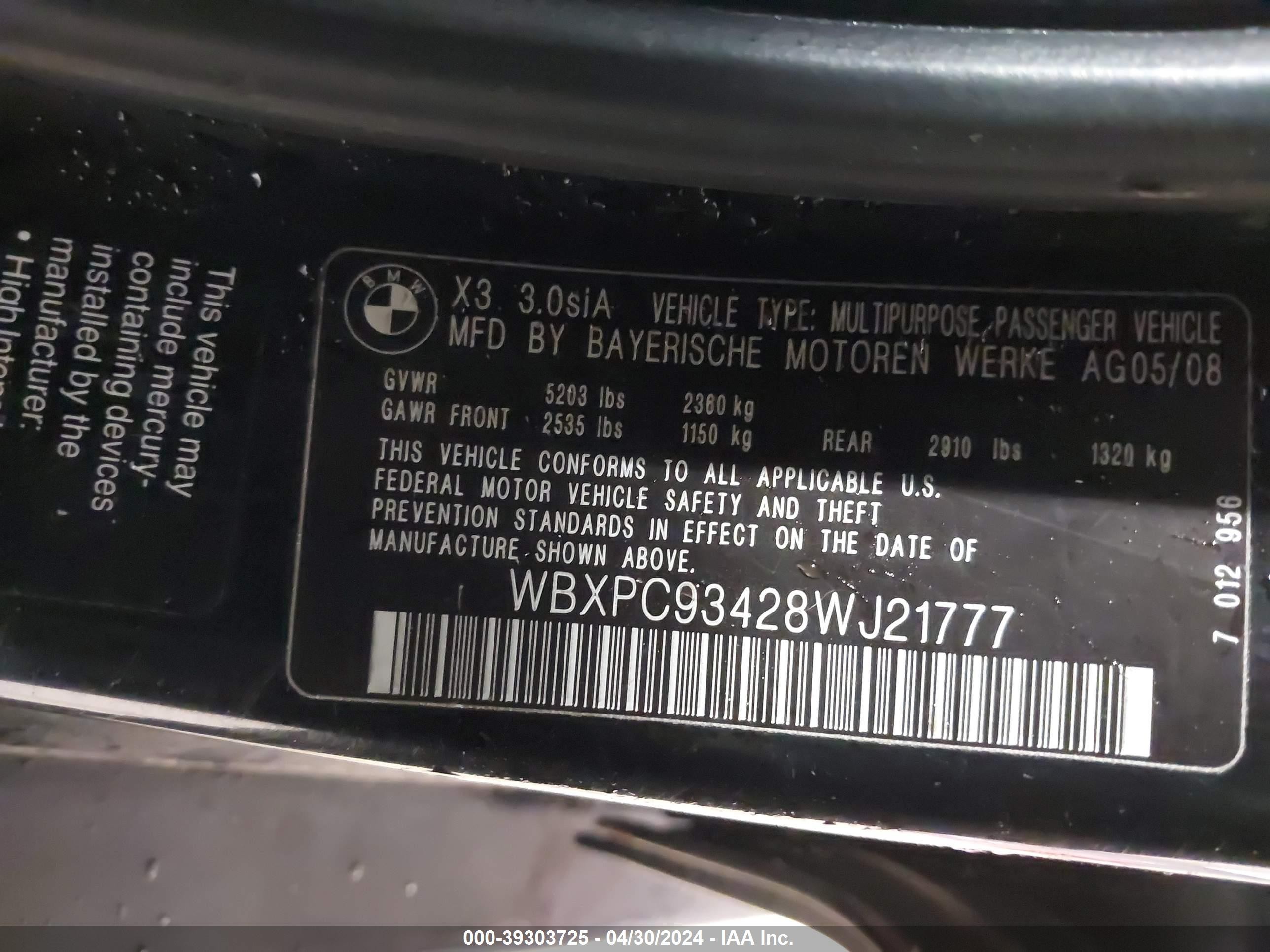 Photo 8 VIN: WBXPC93428WJ21777 - BMW X3 