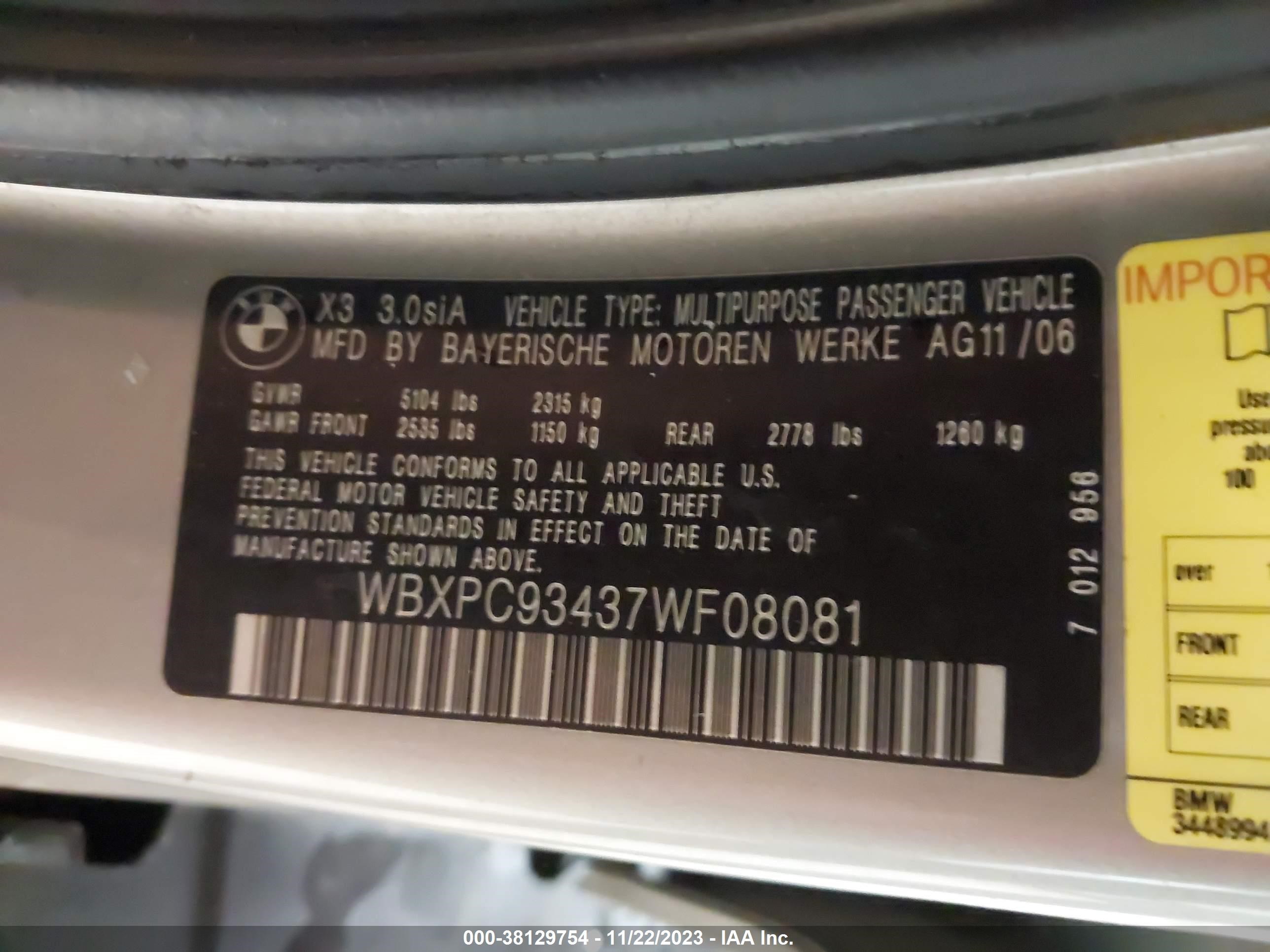 Photo 8 VIN: WBXPC93437WF08081 - BMW X3 