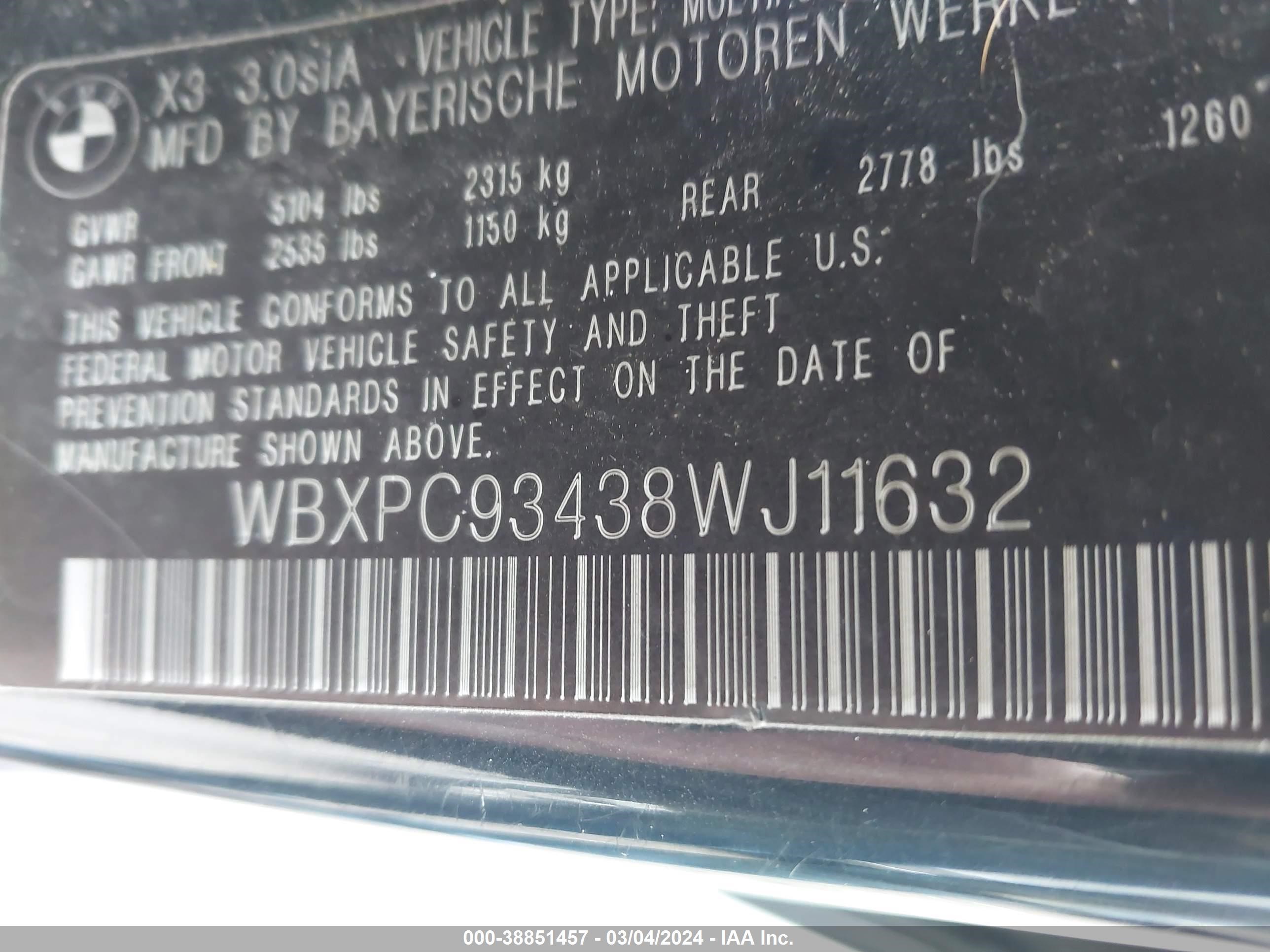 Photo 8 VIN: WBXPC93438WJ11632 - BMW X3 