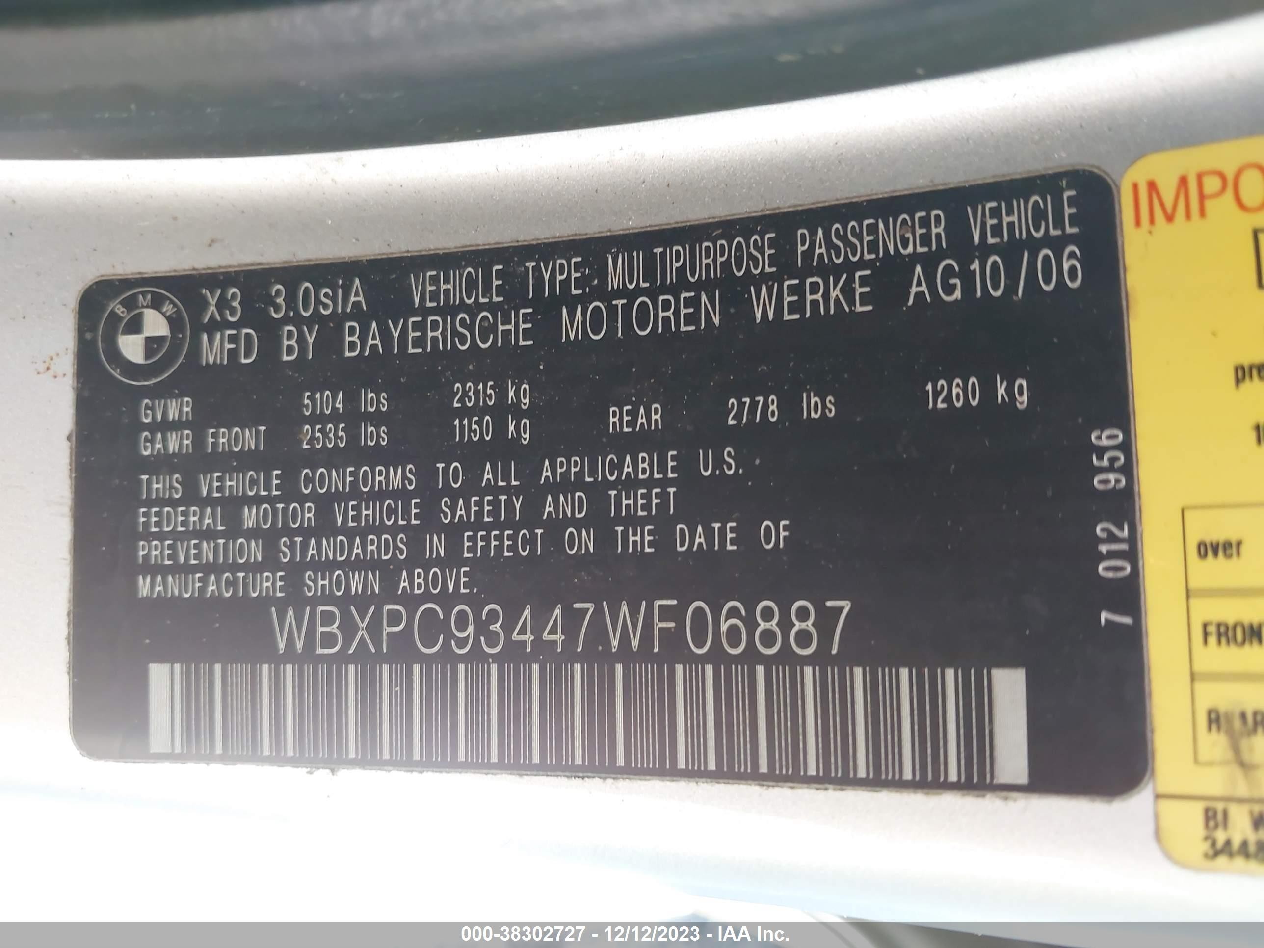 Photo 8 VIN: WBXPC93447WF06887 - BMW X3 