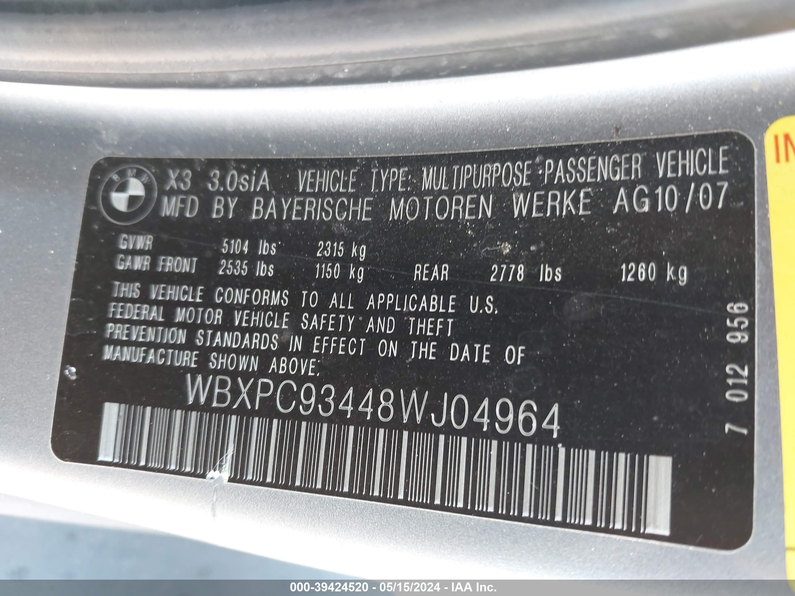 Photo 8 VIN: WBXPC93448WJ04964 - BMW X3 