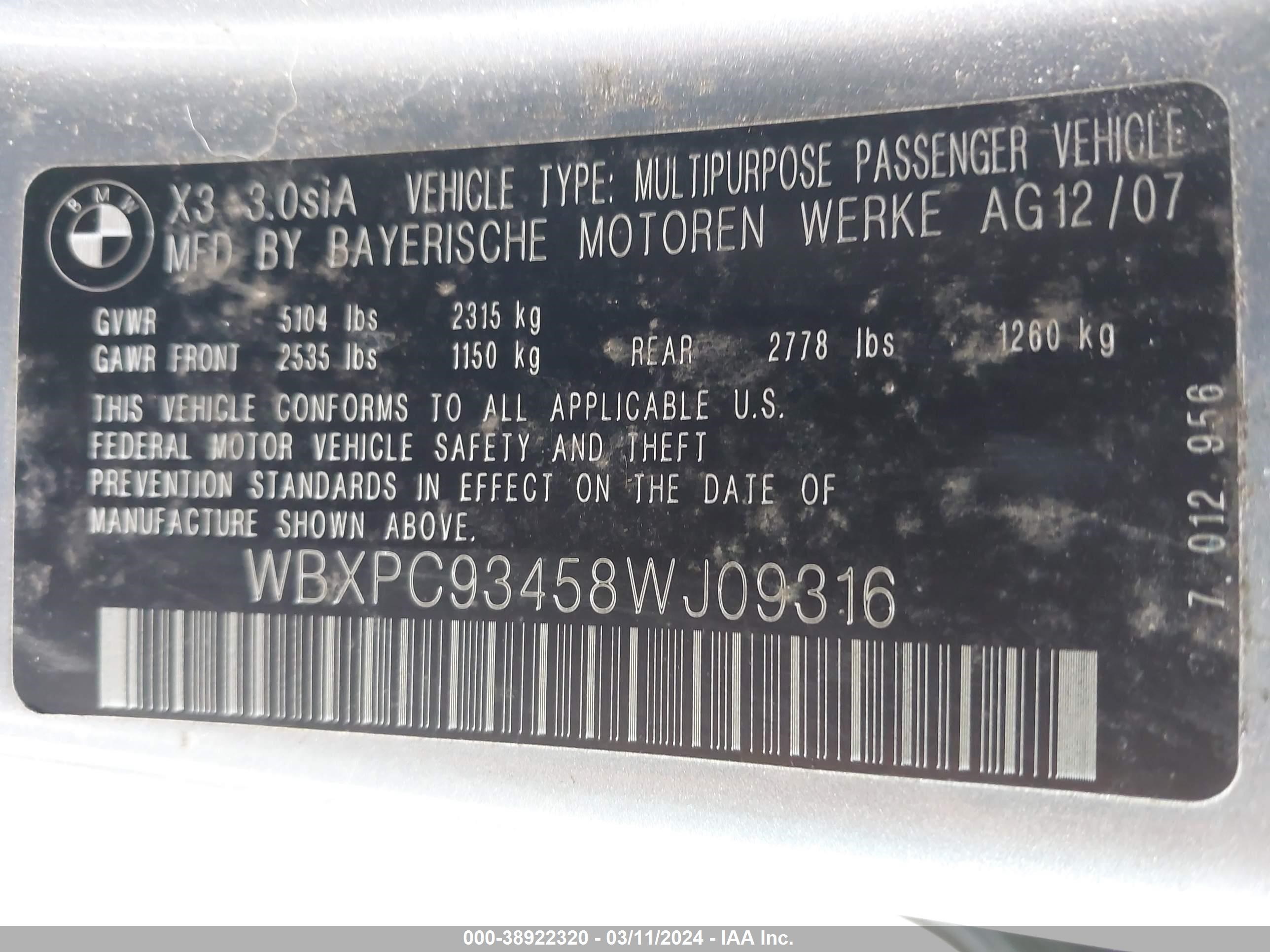 Photo 8 VIN: WBXPC93458WJ09316 - BMW X3 