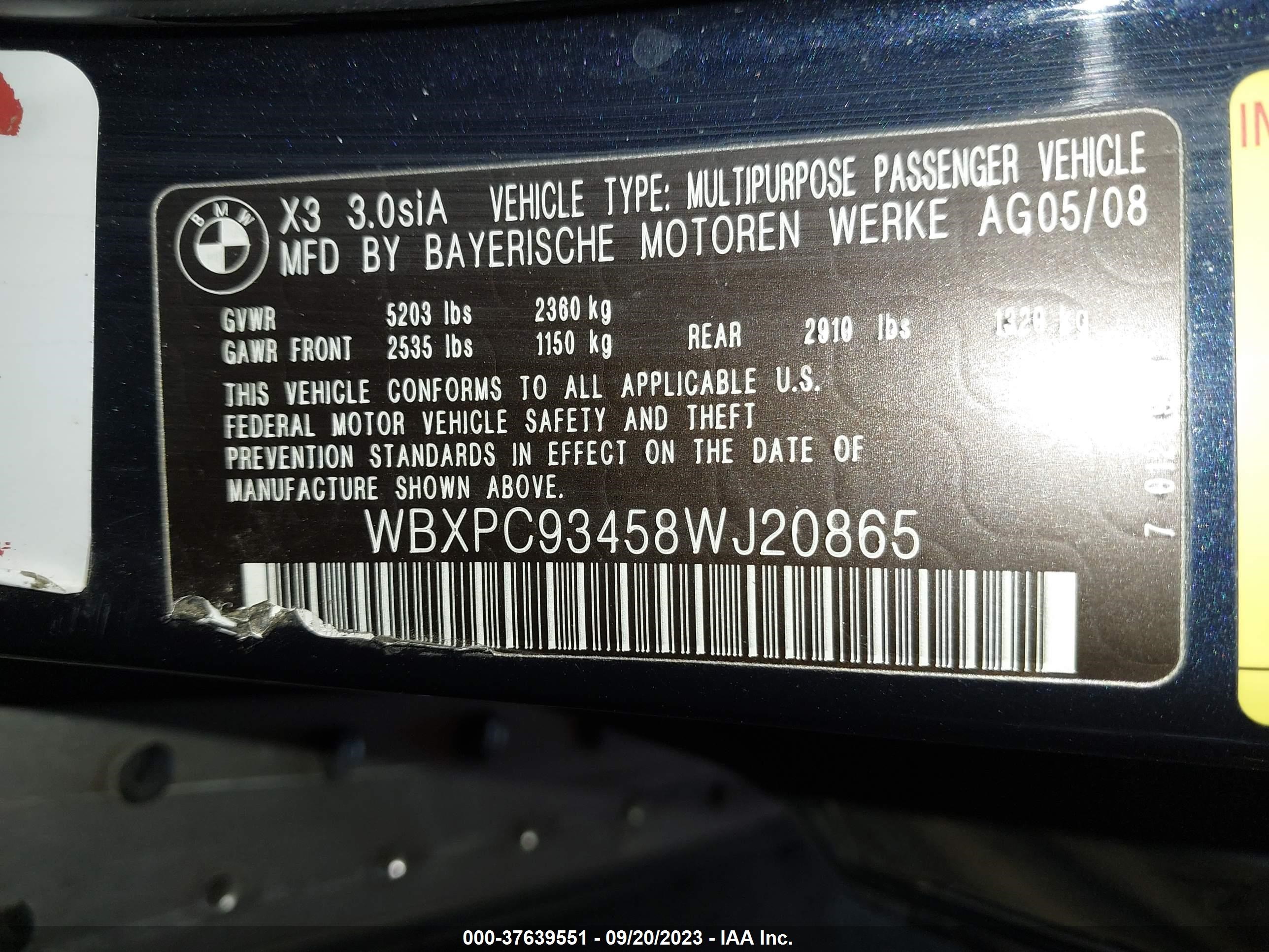 Photo 8 VIN: WBXPC93458WJ20865 - BMW X3 