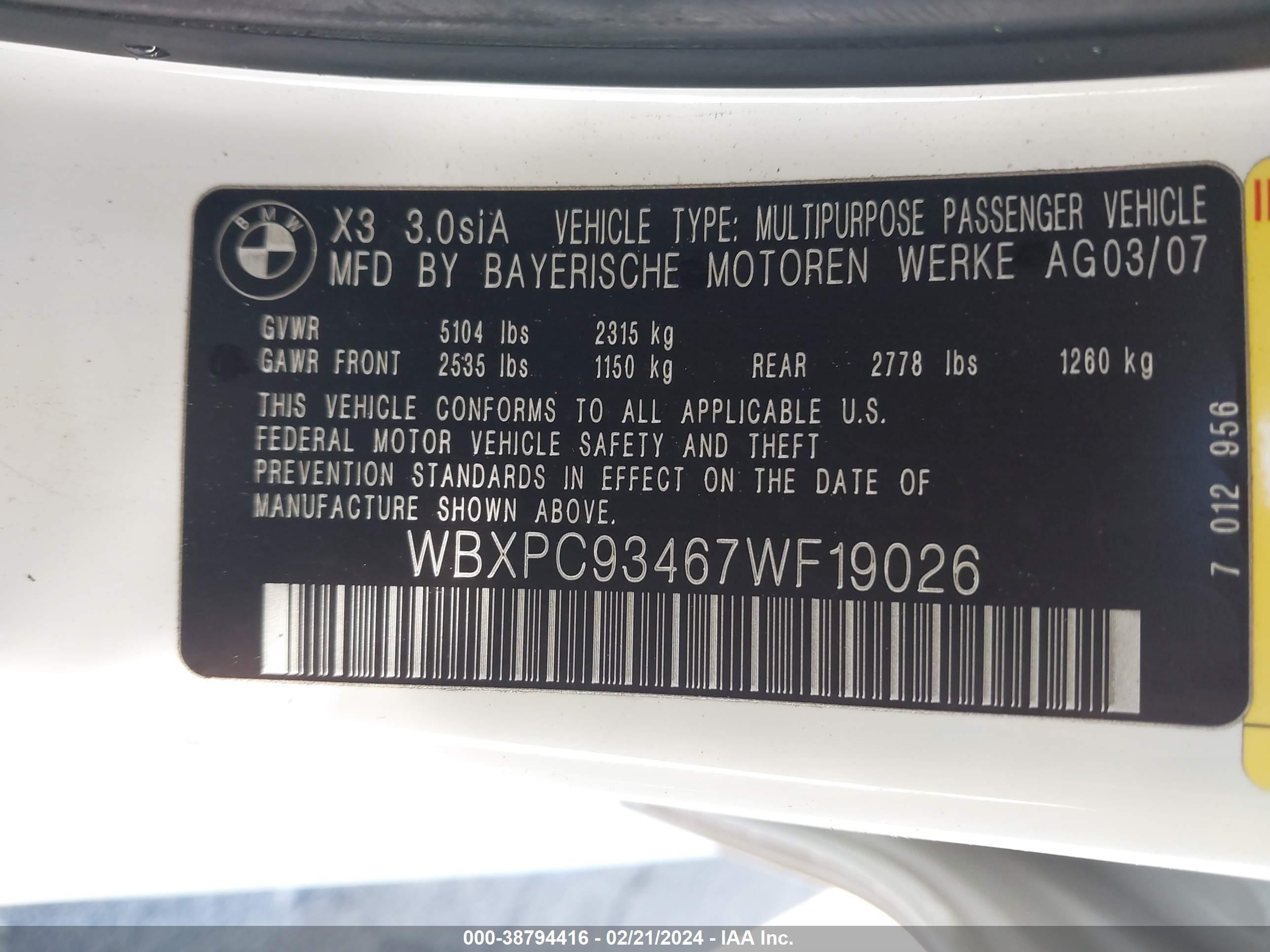 Photo 8 VIN: WBXPC93467WF19026 - BMW X3 