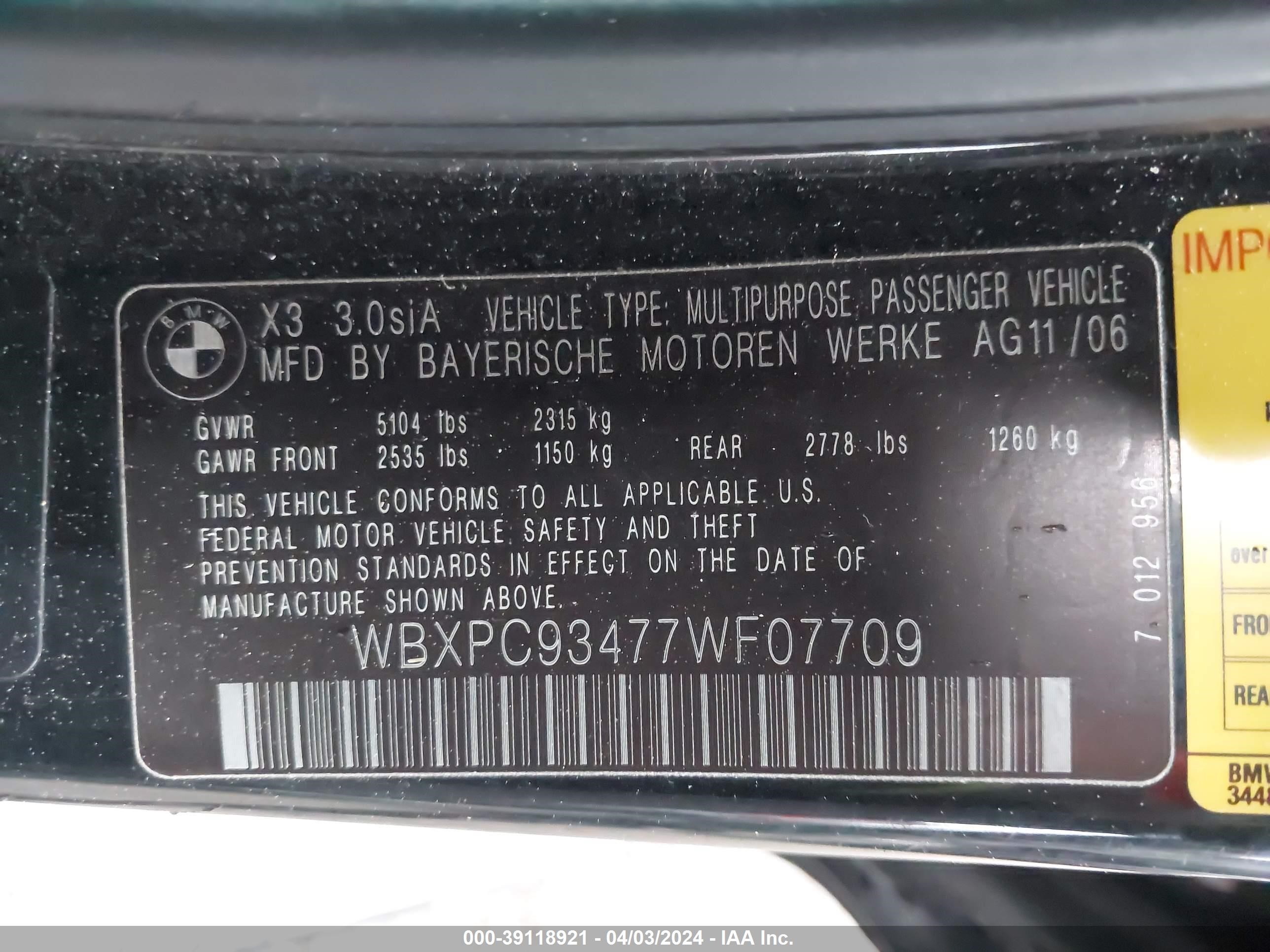 Photo 8 VIN: WBXPC93477WF07709 - BMW X3 