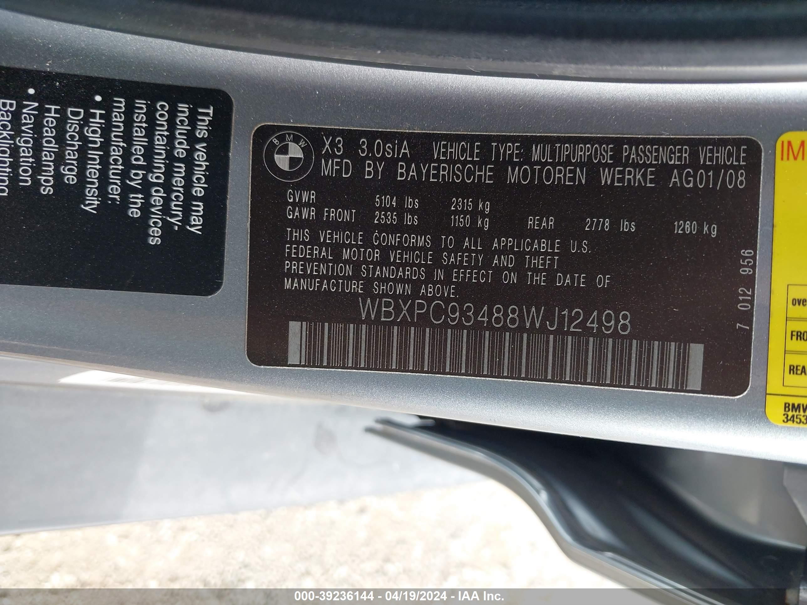 Photo 8 VIN: WBXPC93488WJ12498 - BMW X3 