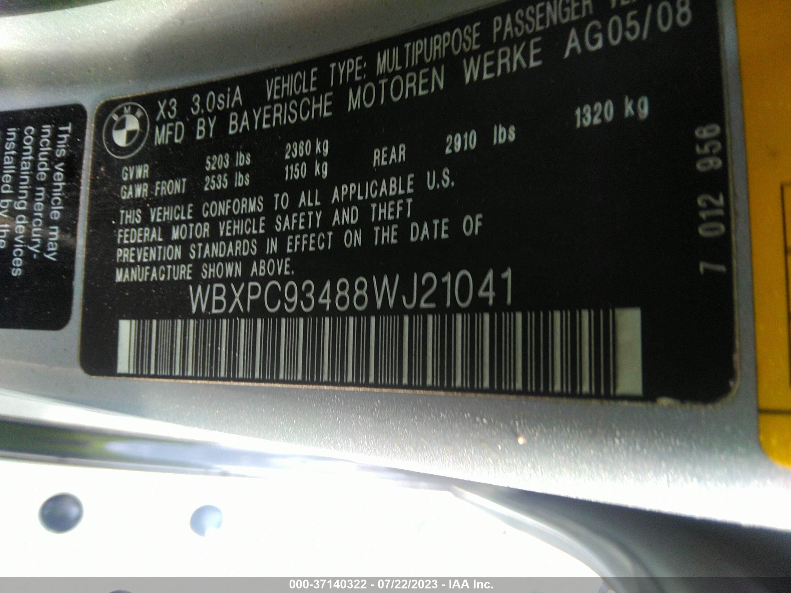 Photo 8 VIN: WBXPC93488WJ21041 - BMW X3 