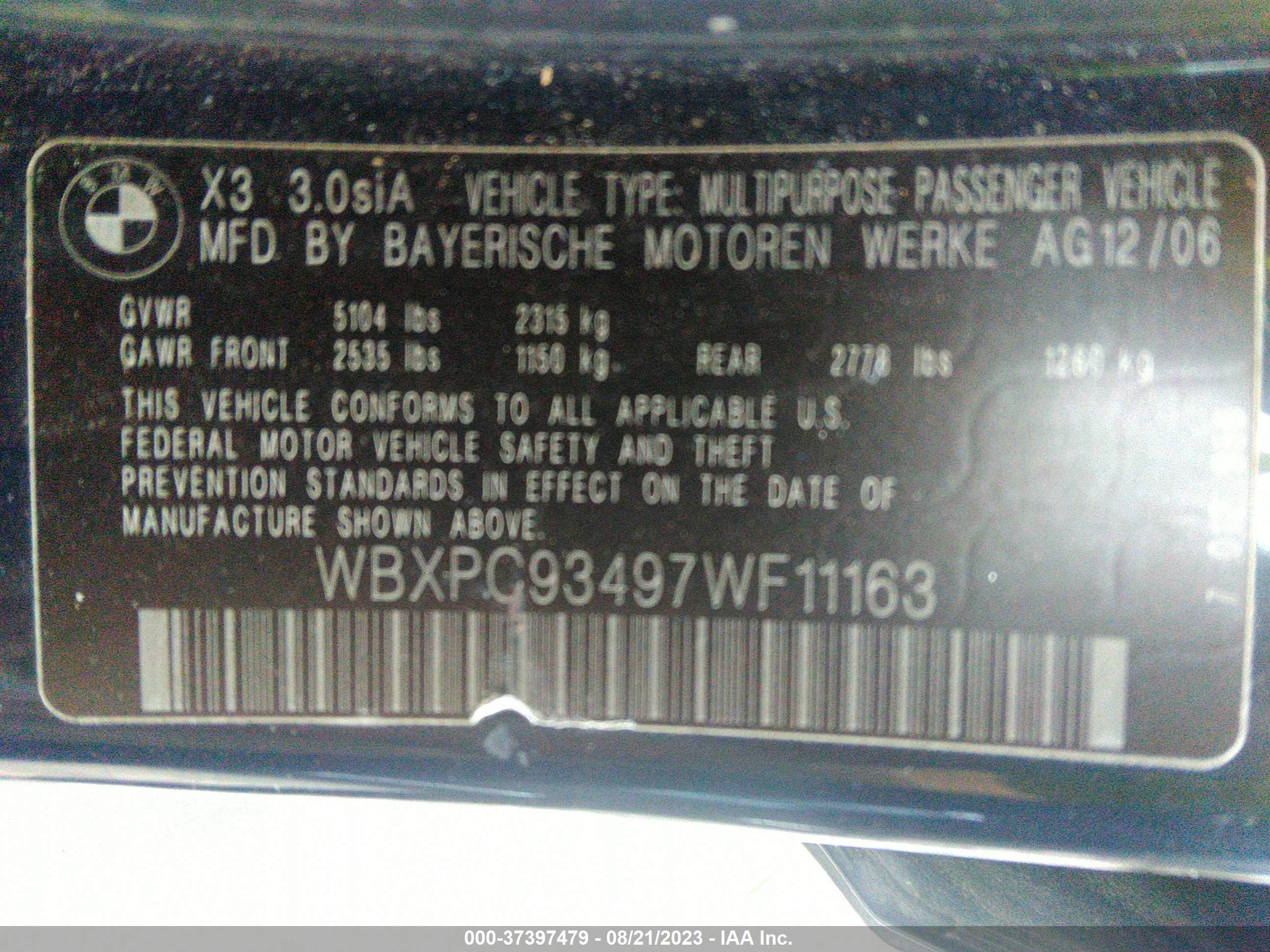 Photo 8 VIN: WBXPC93497WF11163 - BMW X3 