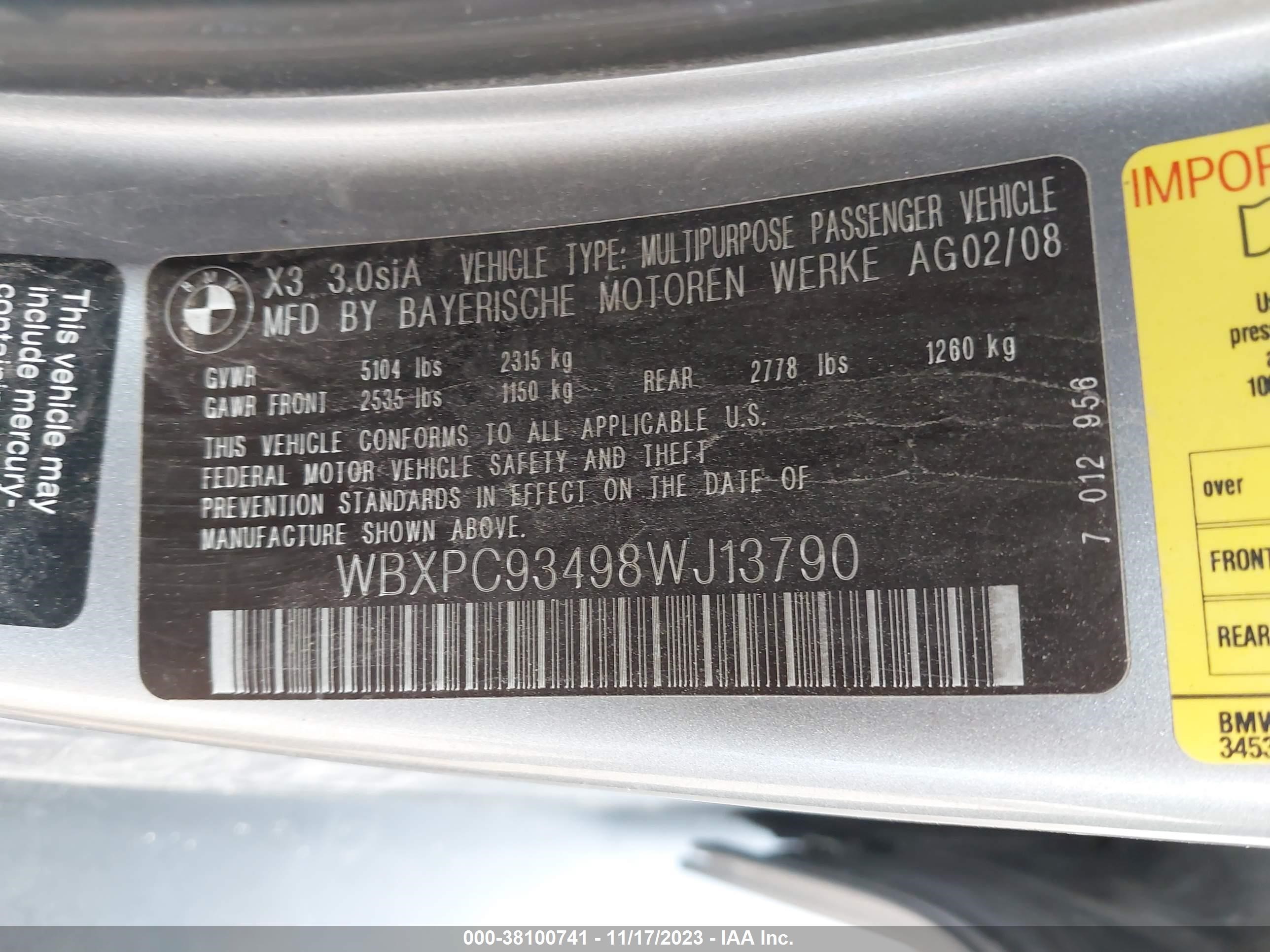 Photo 8 VIN: WBXPC93498WJ13790 - BMW X3 