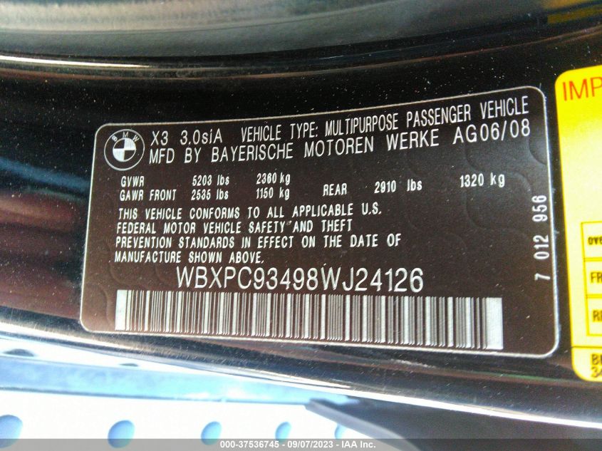 Photo 8 VIN: WBXPC93498WJ24126 - BMW X3 