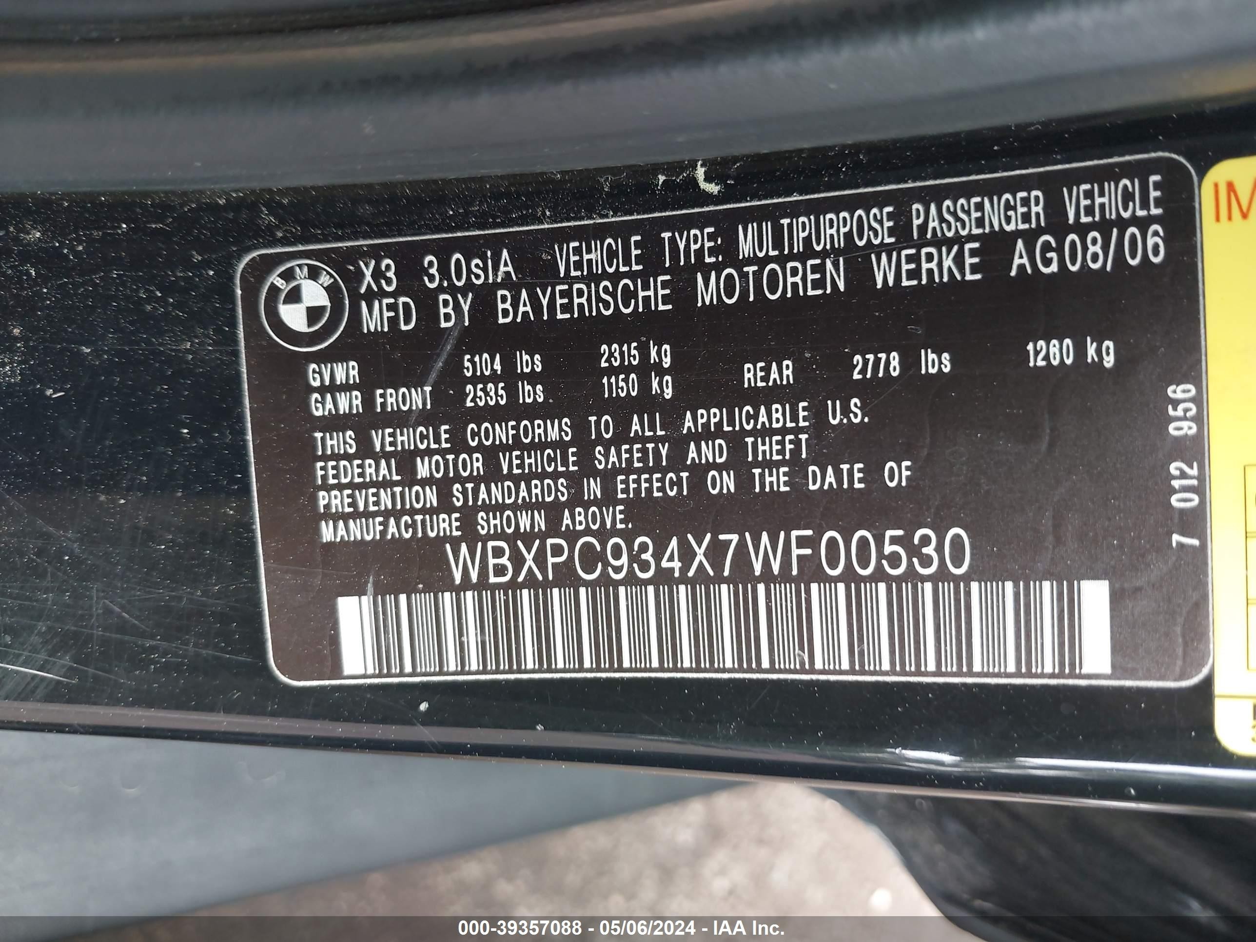 Photo 8 VIN: WBXPC934X7WF00530 - BMW X3 