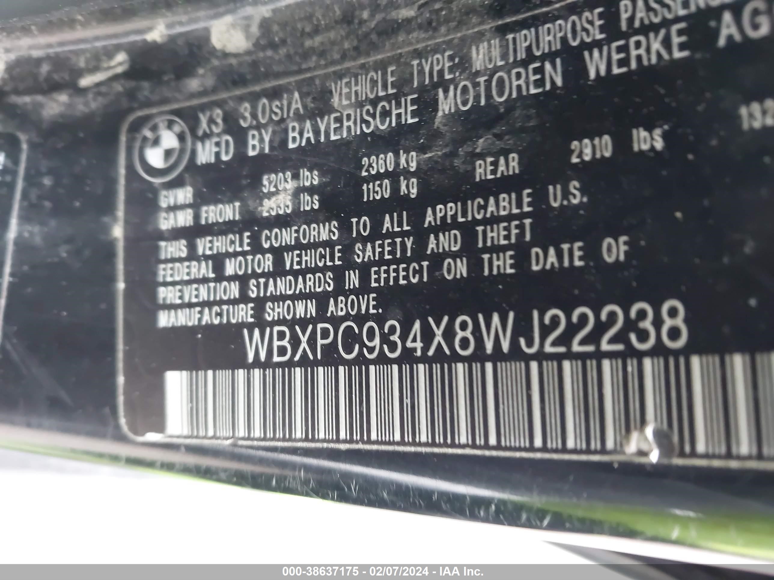 Photo 8 VIN: WBXPC934X8WJ22238 - BMW X3 