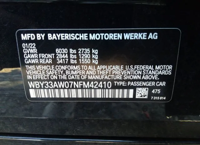 Photo 8 VIN: WBY33AW07NFM42410 - BMW I4 