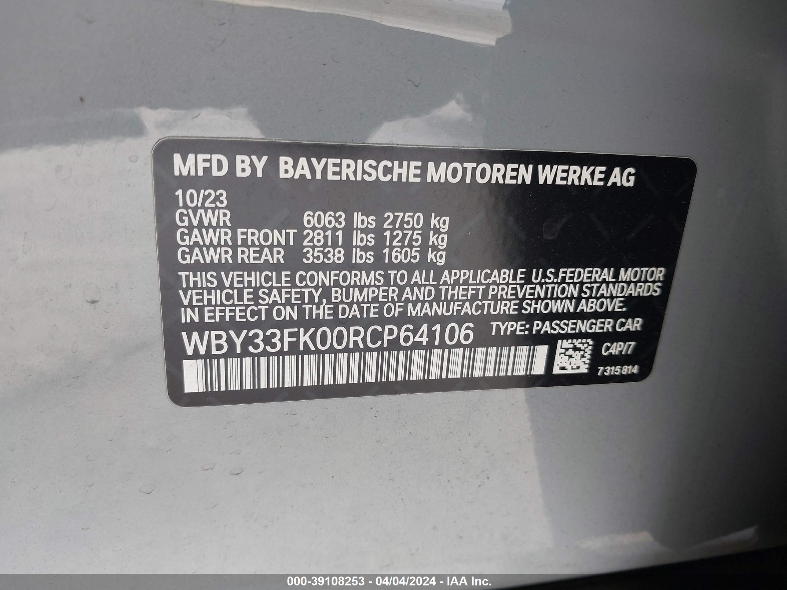 Photo 8 VIN: WBY33FK00RCP64106 - BMW I5 