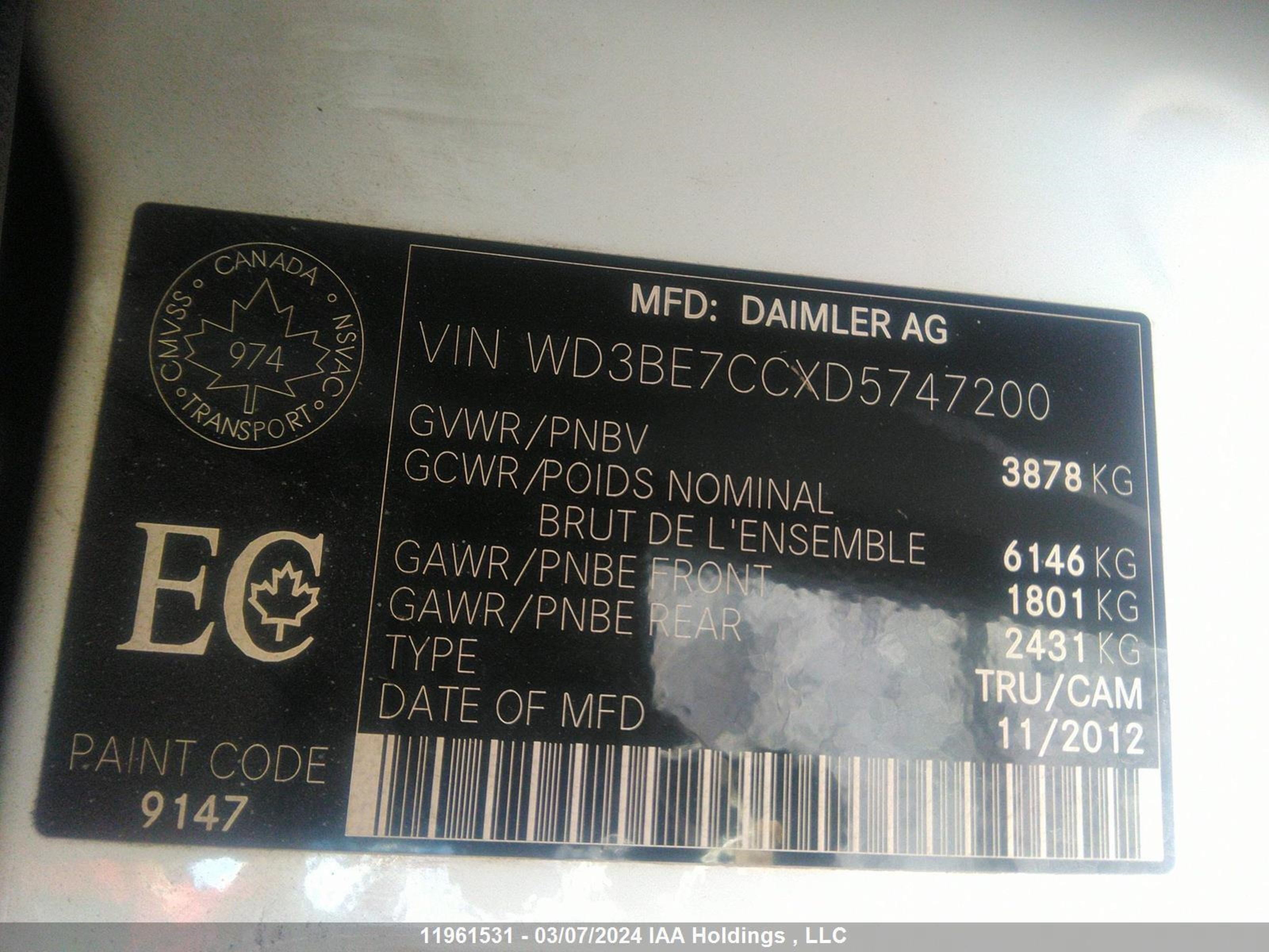 Photo 8 VIN: WD3BE7CCXD5747200 - MERCEDES-BENZ SPRINTER 