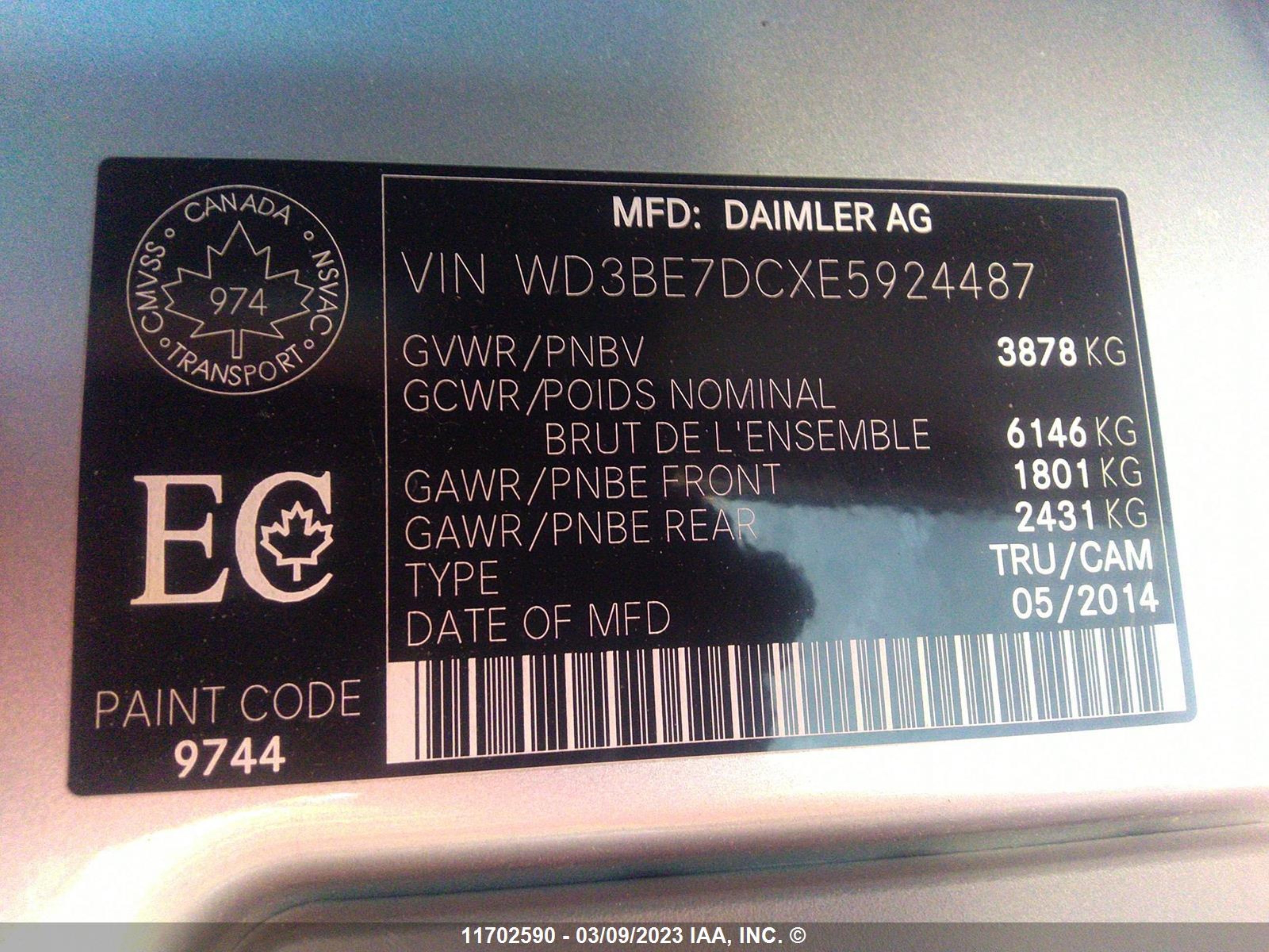 Photo 8 VIN: WD3BE7DCXE5924487 - MERCEDES-BENZ SPRINTER 