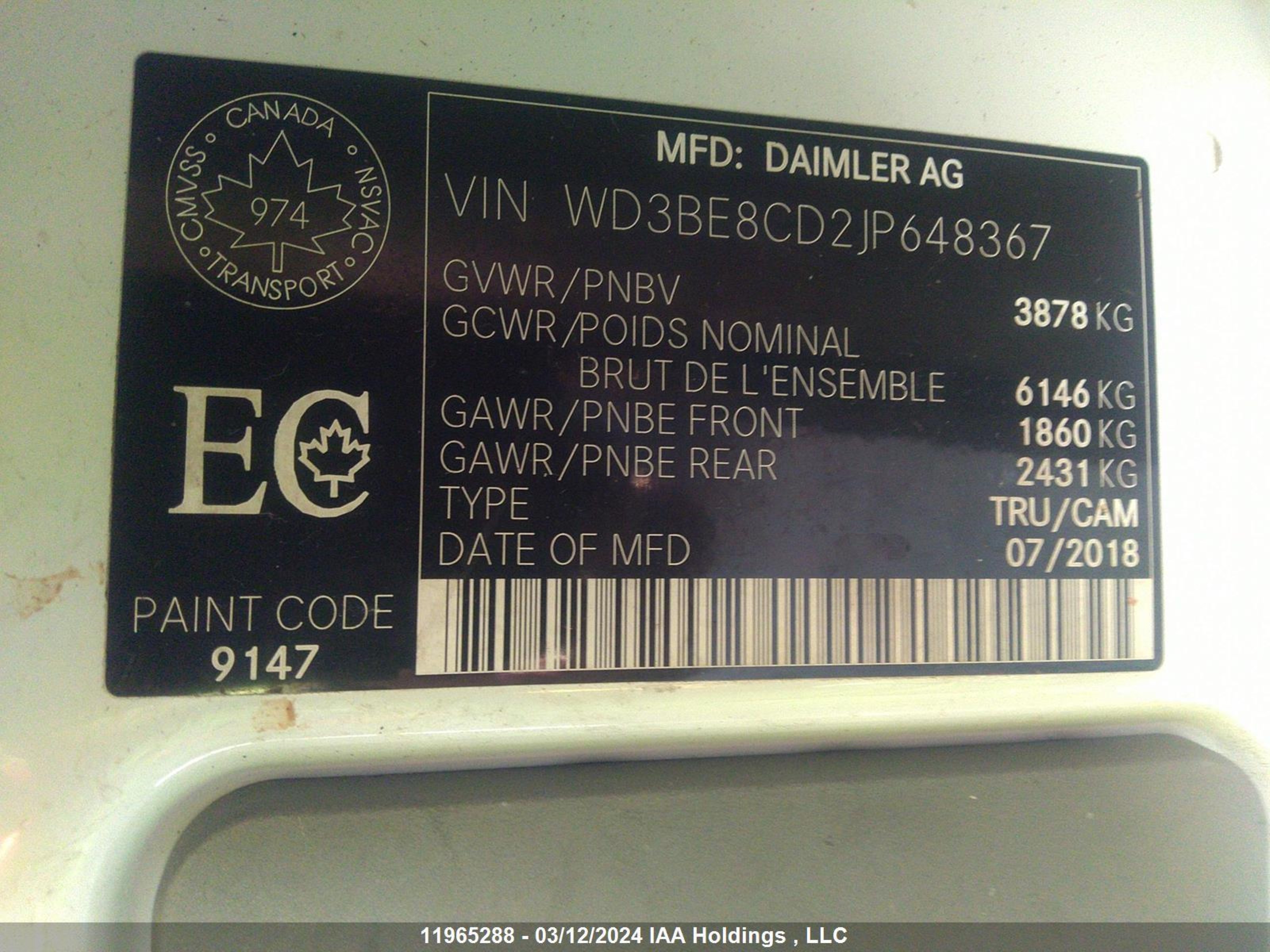 Photo 8 VIN: WD3BE8CD2JP648367 - MERCEDES-BENZ SPRINTER 