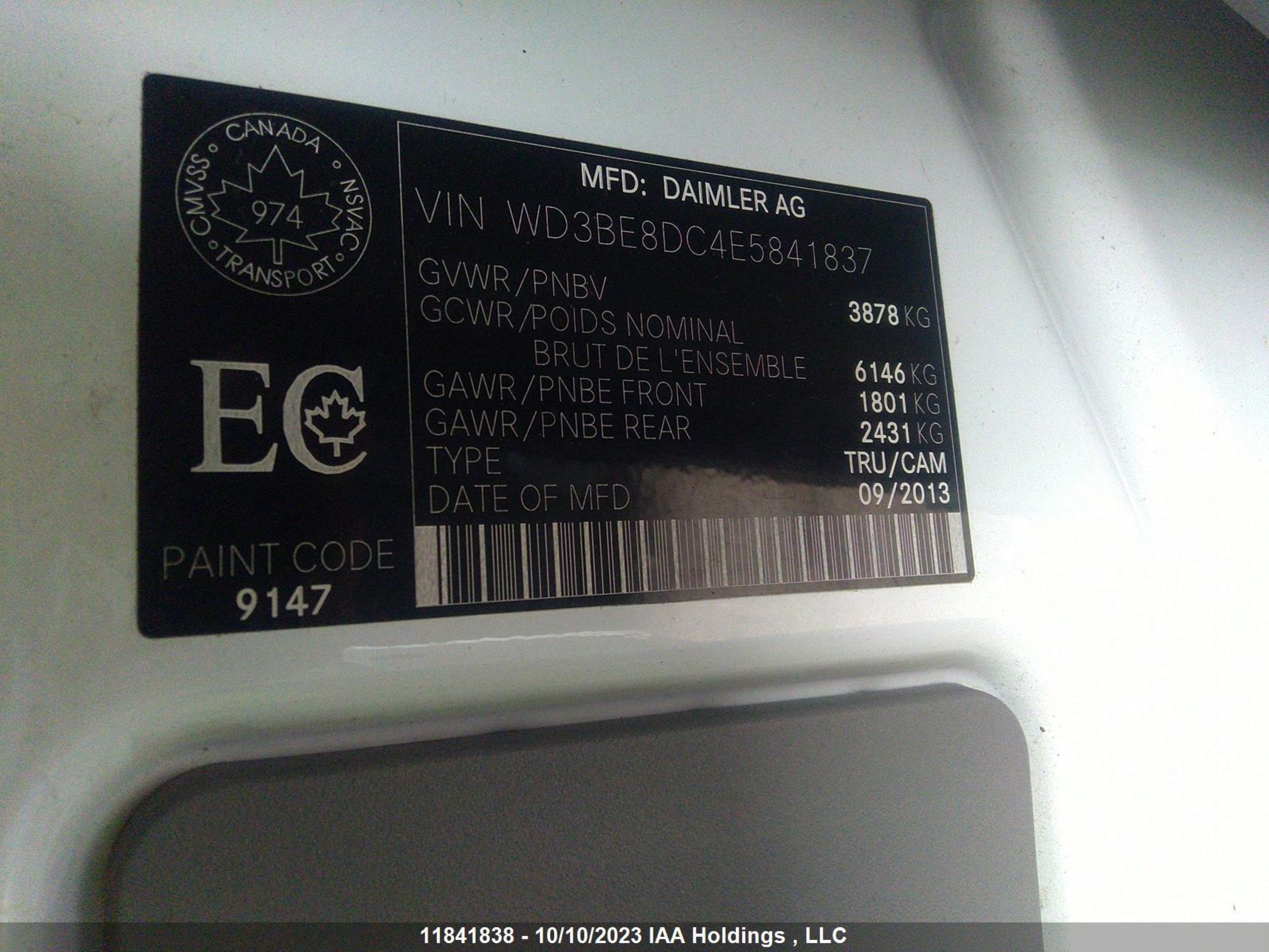 Photo 8 VIN: WD3BE8DC4E5841837 - MERCEDES-BENZ SPRINTER 