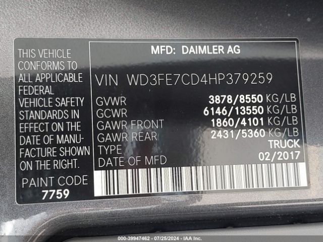 Photo 8 VIN: WD3FE7CD4HP379259 - MERCEDES-BENZ SPRINTER 