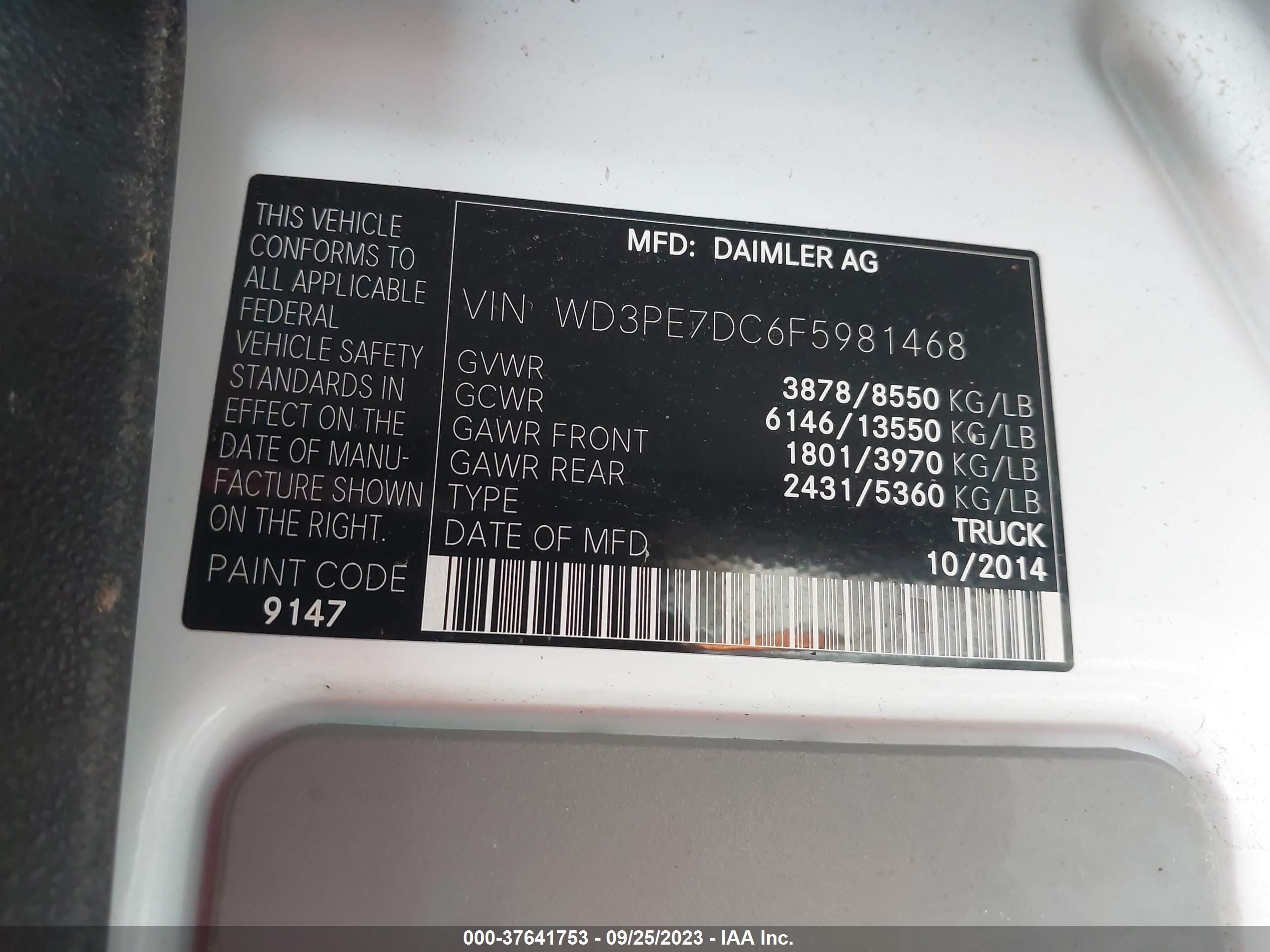 Photo 8 VIN: WD3PE7DC6F5981468 - MERCEDES-BENZ SPRINTER 