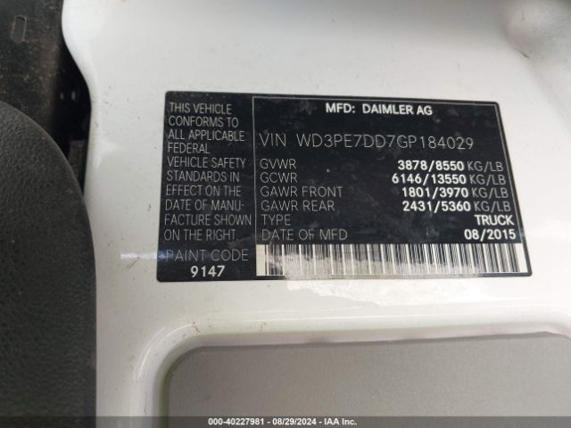 Photo 8 VIN: WD3PE7DD7GP184029 - MERCEDES-BENZ SPRINTER 