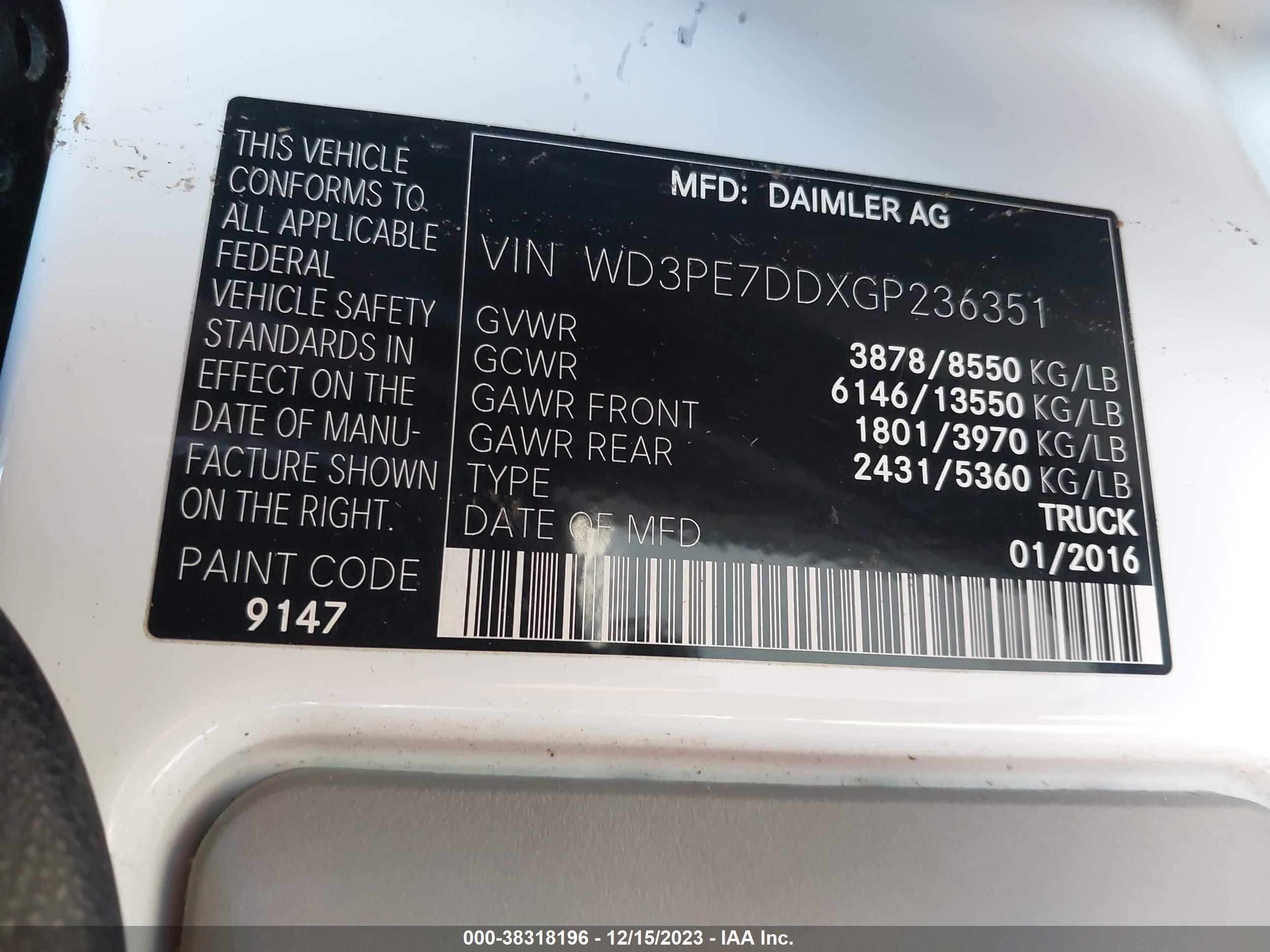 Photo 8 VIN: WD3PE7DDXGP236351 - MERCEDES-BENZ SPRINTER 