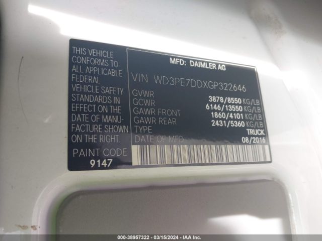 Photo 8 VIN: WD3PE7DDXGP322646 - MERCEDES-BENZ SPRINTER 2500 