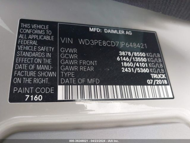 Photo 8 VIN: WD3PE8CD7JP648421 - MERCEDES-BENZ SPRINTER 2500 