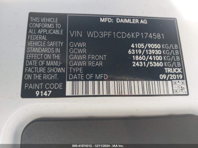 Photo 8 VIN: WD3PF1CD6KP174581 - MERCEDES-BENZ SPRINTER 