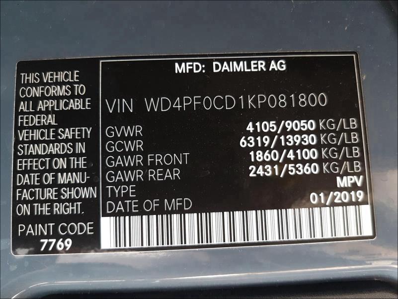 Photo 9 VIN: WD4PF0CD1KP081800 - MERCEDES-BENZ SPRINTER VAN 